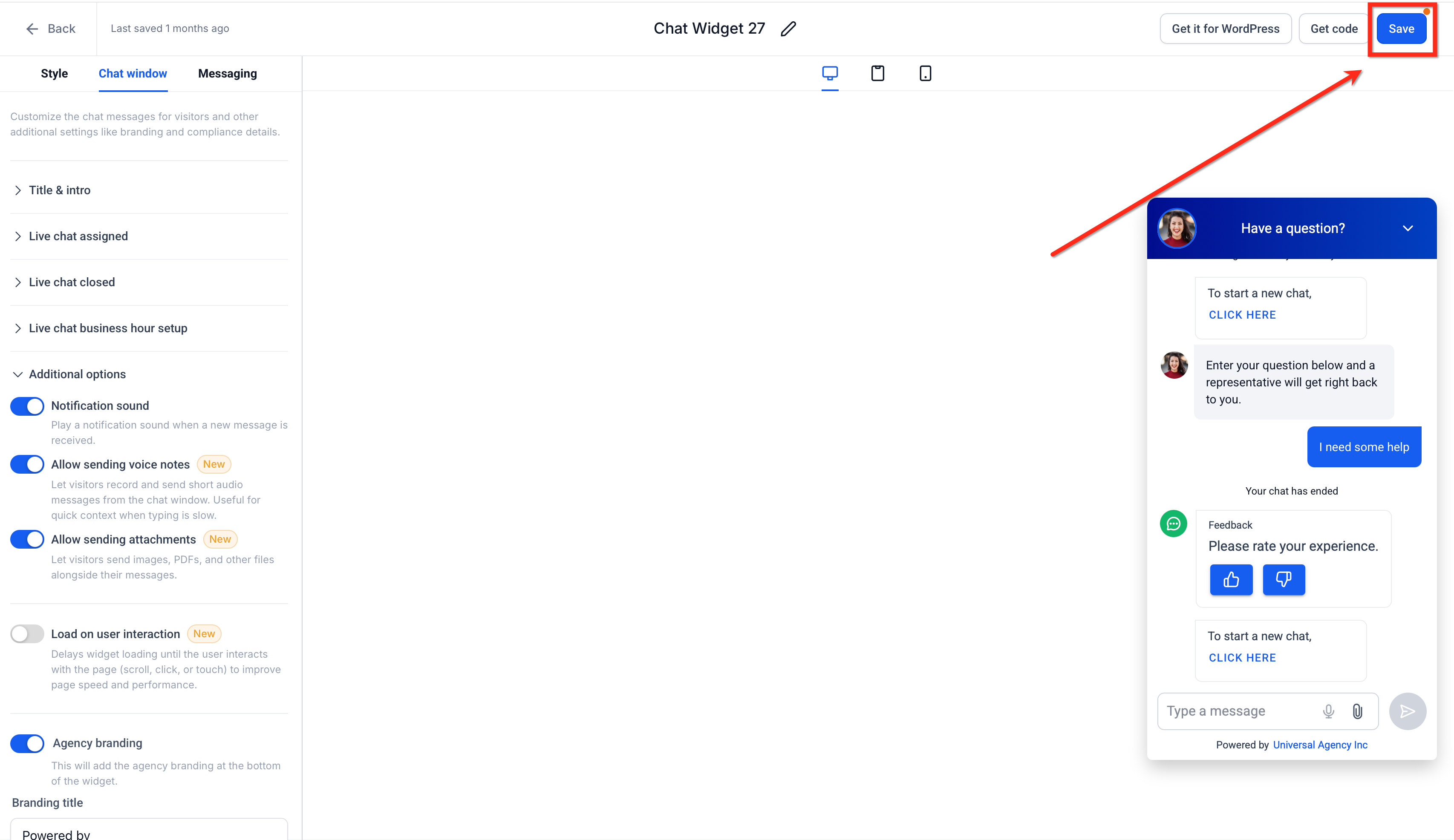 Salvataggio delle impostazioni del widget di chat.
