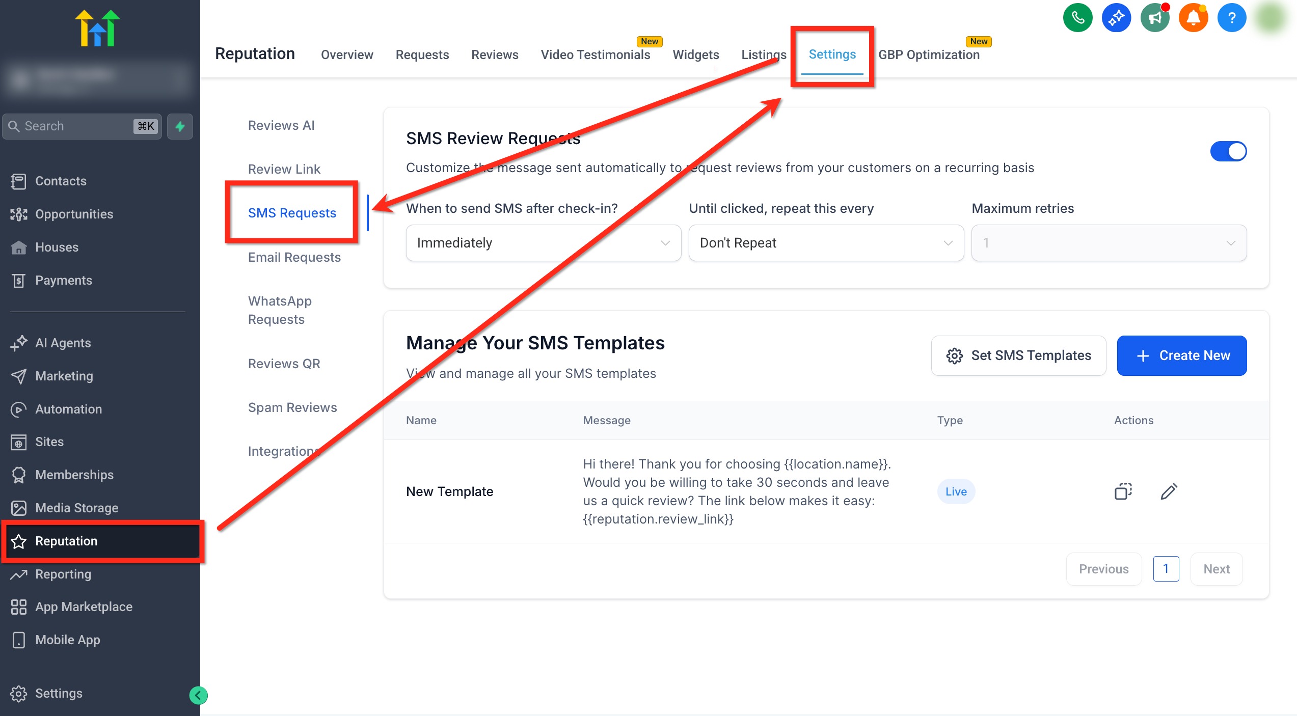 Pannello delle impostazioni per le richieste di recensione via SMS in Futuria CRM.