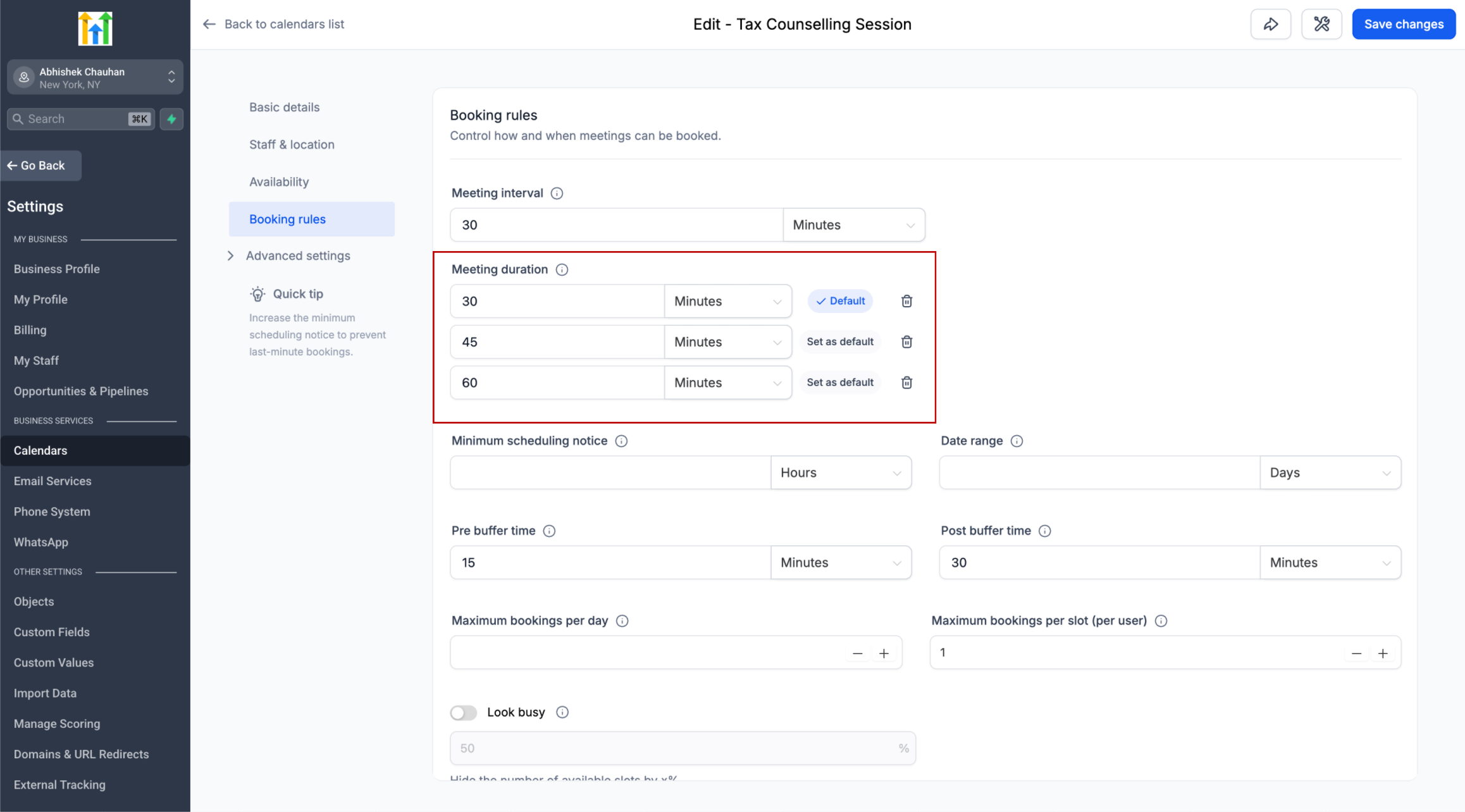 Impostazioni di un calendario in Futuria CRM dove è possibile aggiungere fino a tre durate diverse per gli appuntamenti.