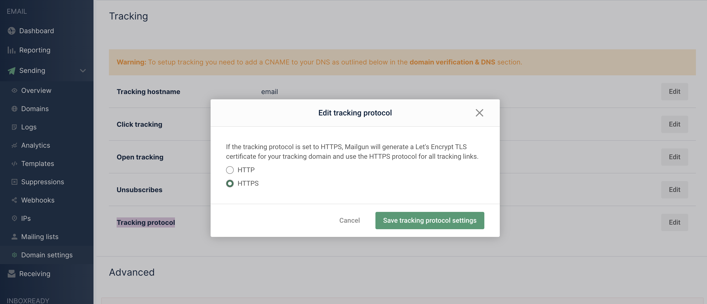 Impostazioni per abilitare il tracciamento HTTPS in un provider di servizi email.