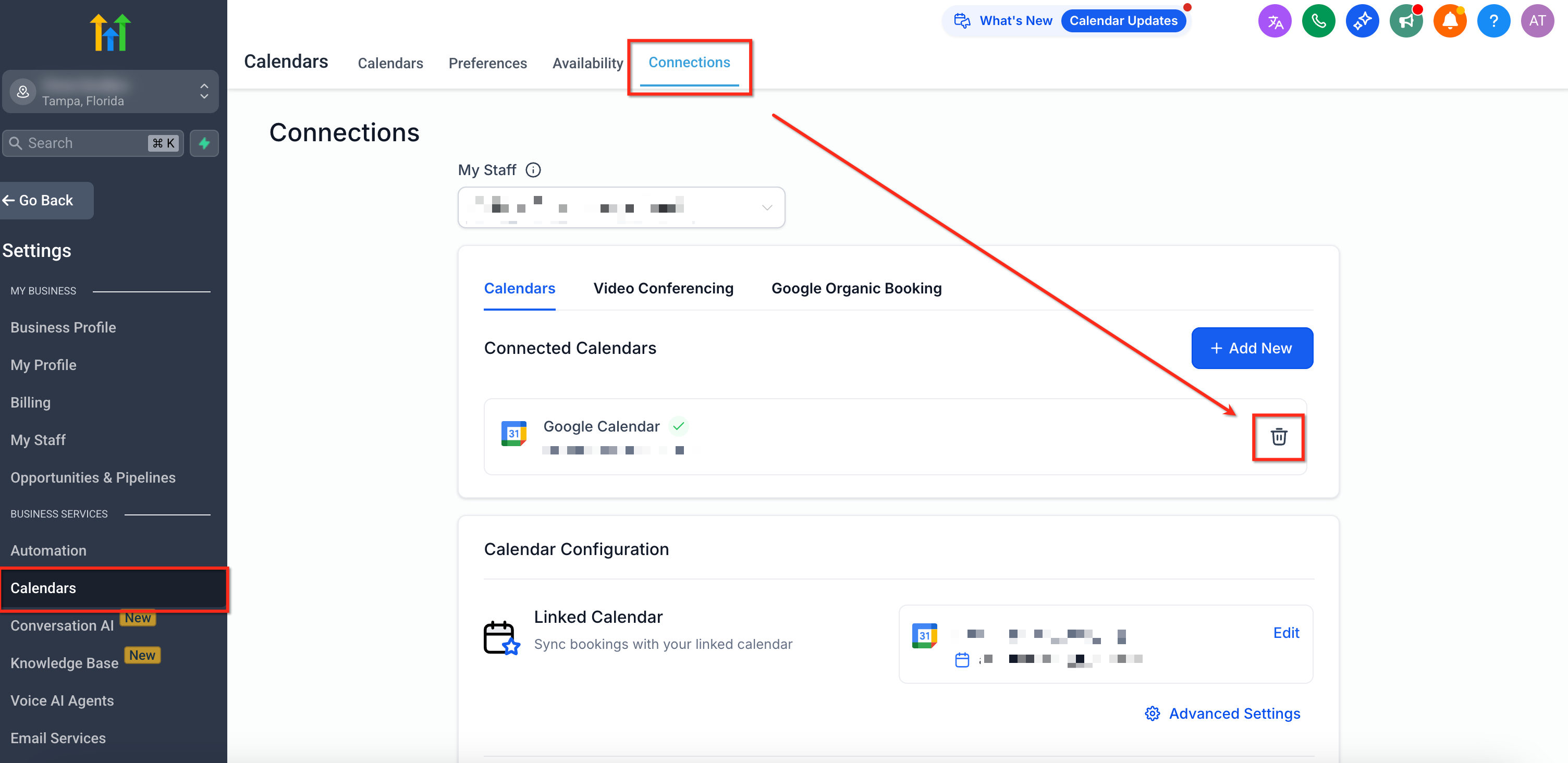 Eliminazione di un calendario connesso dalla scheda Connessioni nelle impostazioni del calendario di Futuria CRM.
