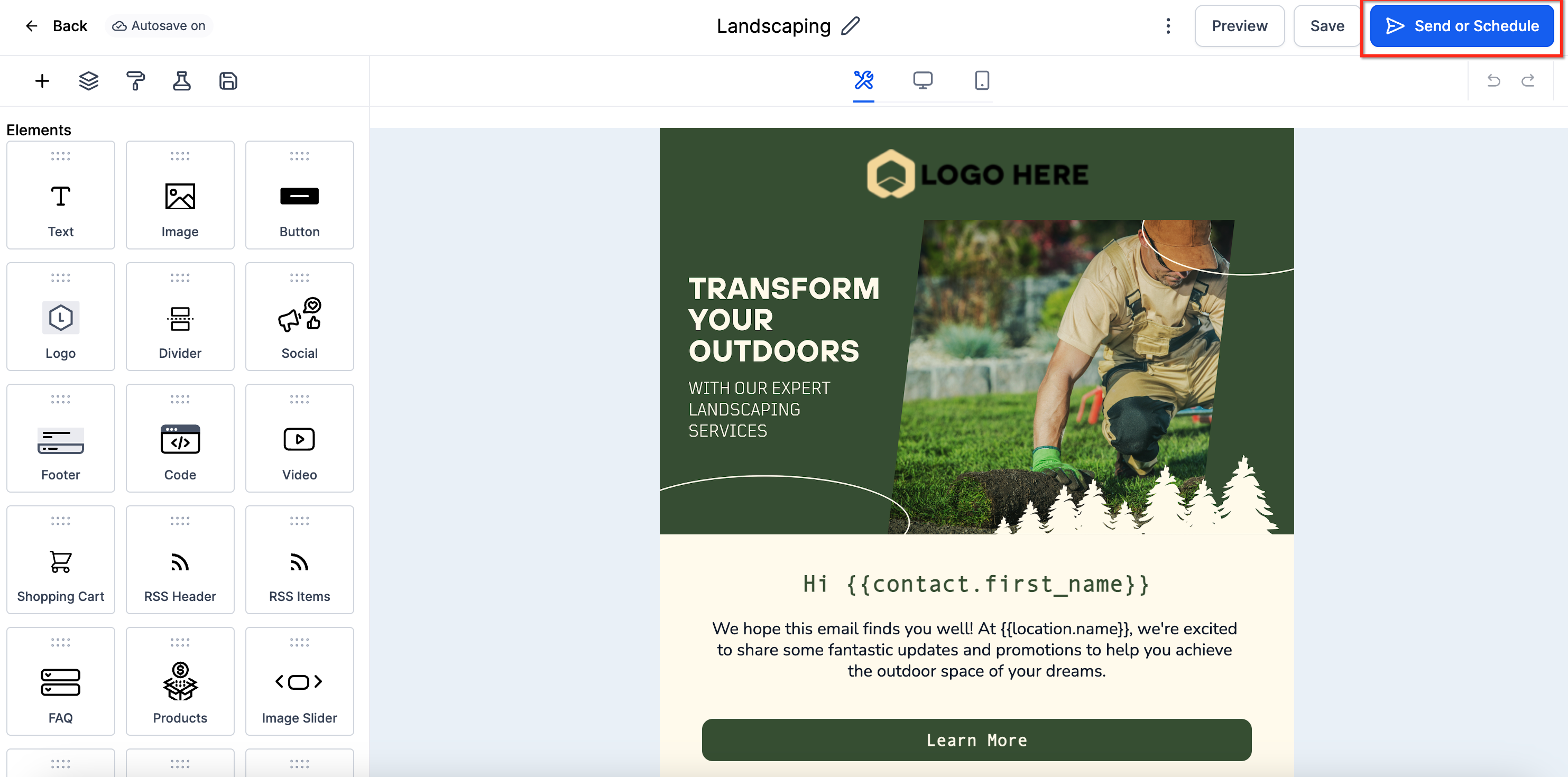 Pulsante 'Invia o programma' nell'editor di campagne email.