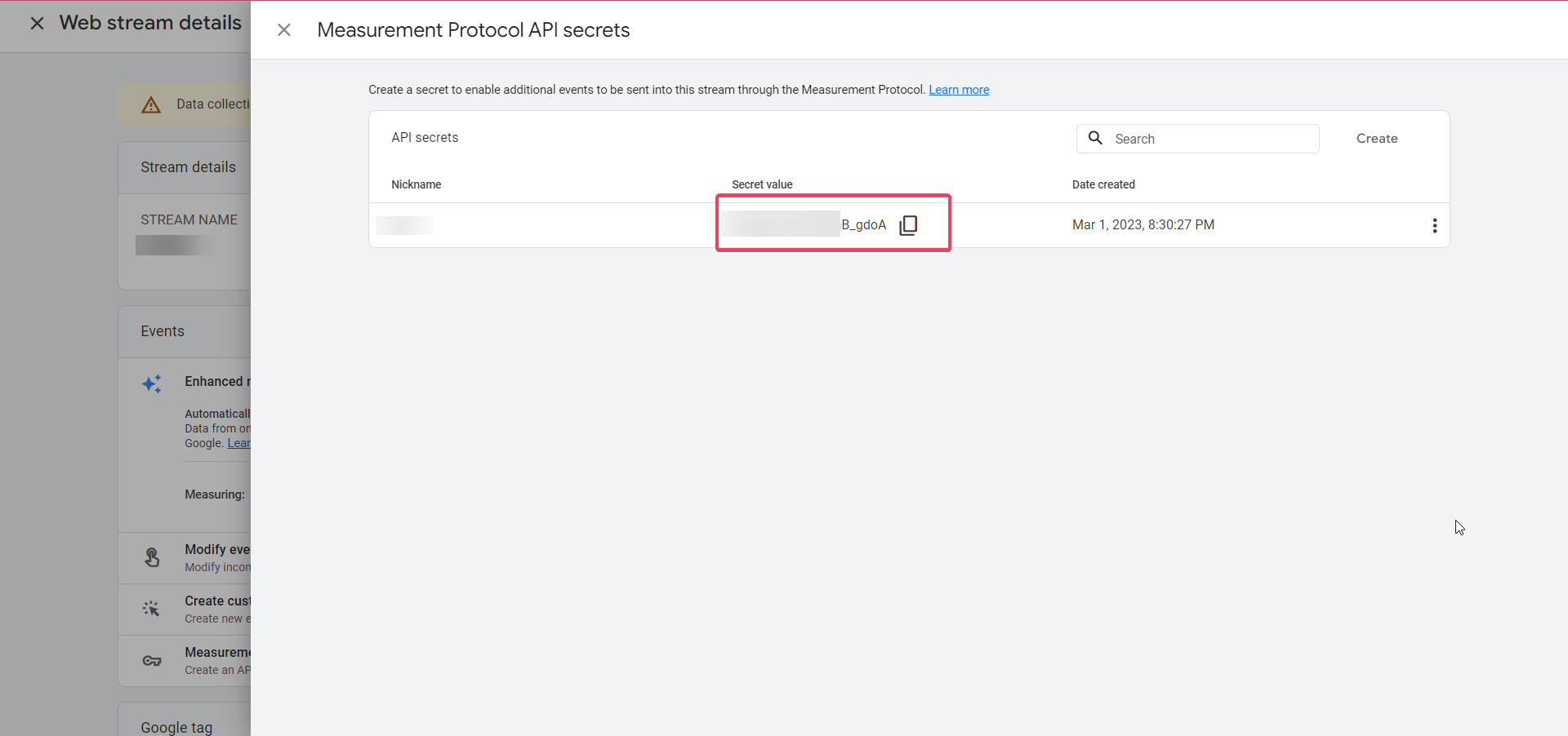 Valore del secret API generato in Google Analytics.