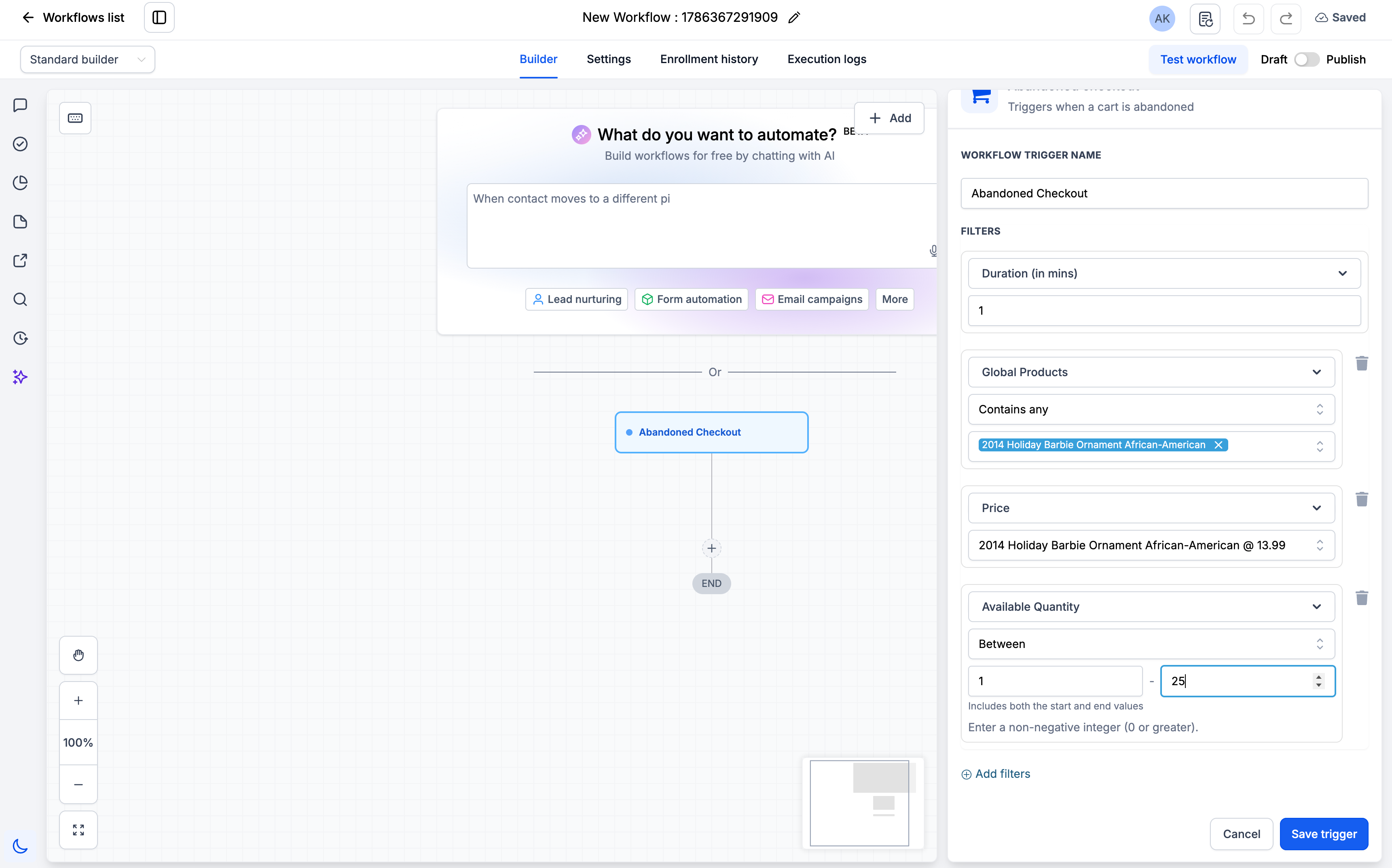 Impostazione del filtro Quantità disponibile in un workflow di Futuria CRM.