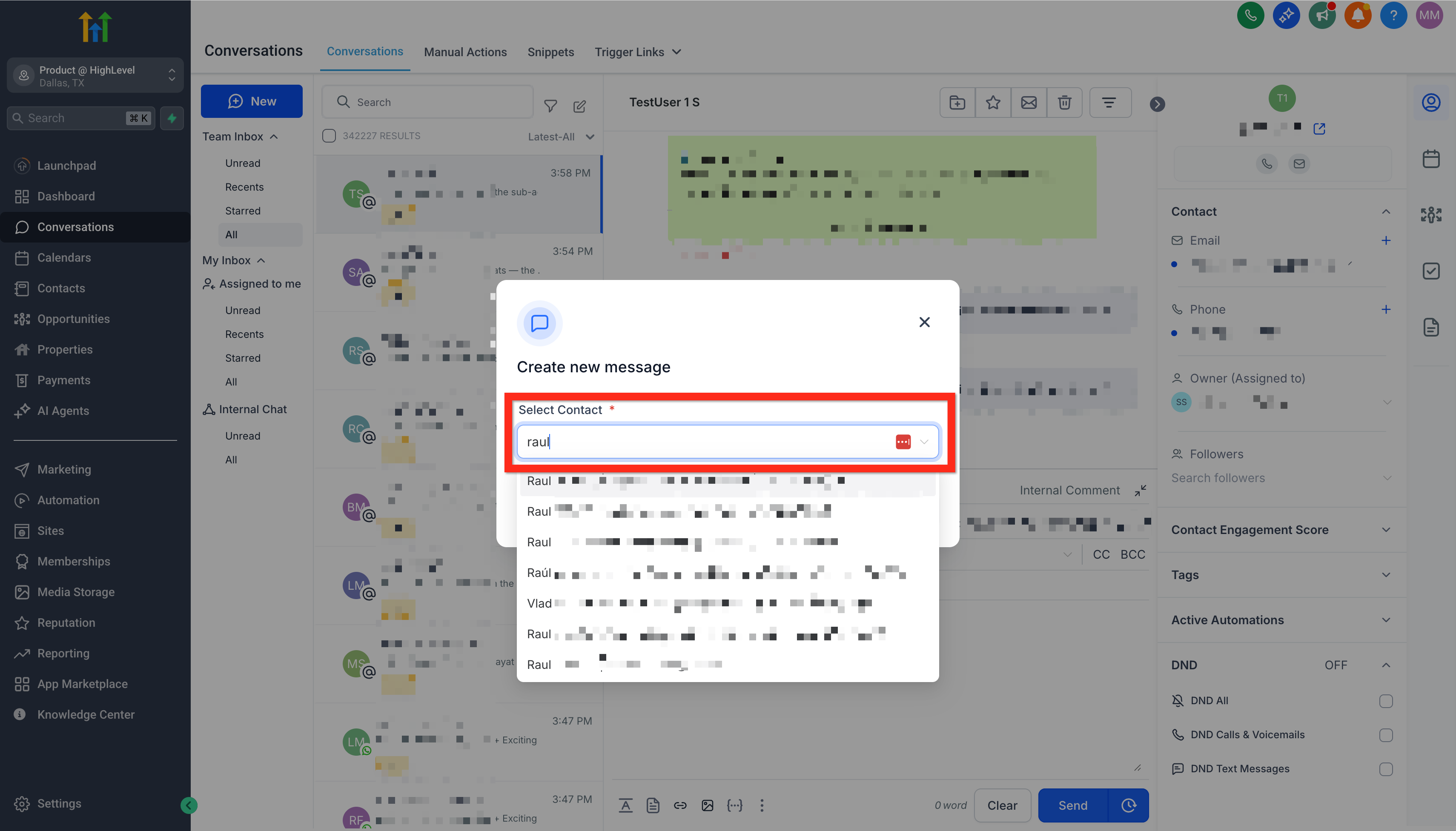 Finestra di selezione del contatto a cui inviare un nuovo messaggio diretto.