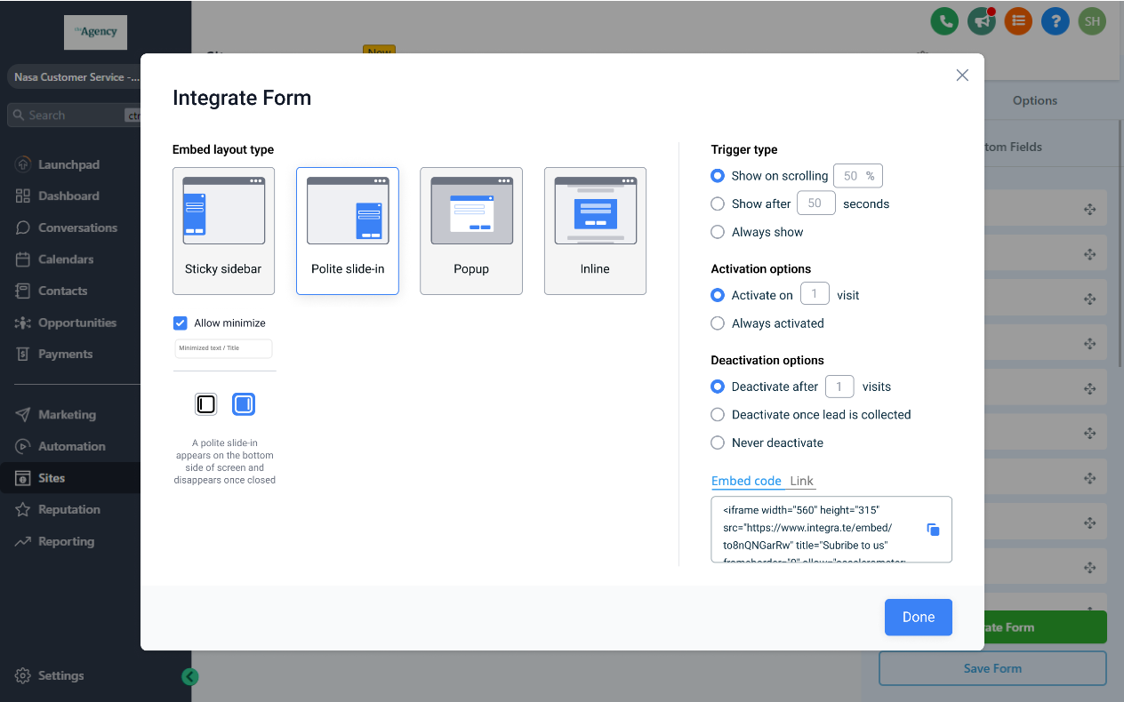 Schermata delle opzioni di integrazione del modulo in Futuria CRM.