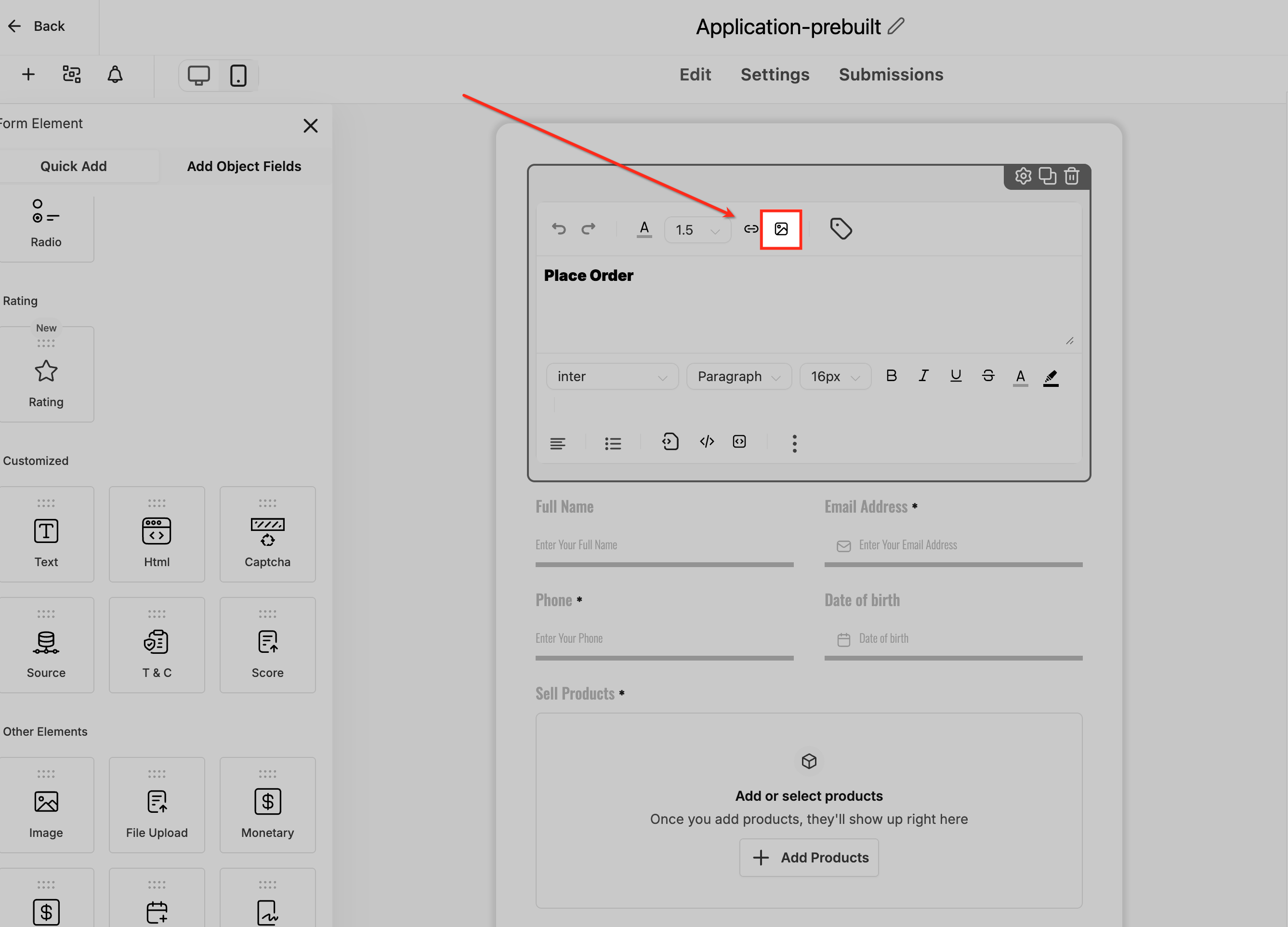 Icona per inserire un'immagine nell'editor di testo RTF del costruttore di moduli di Futuria CRM.