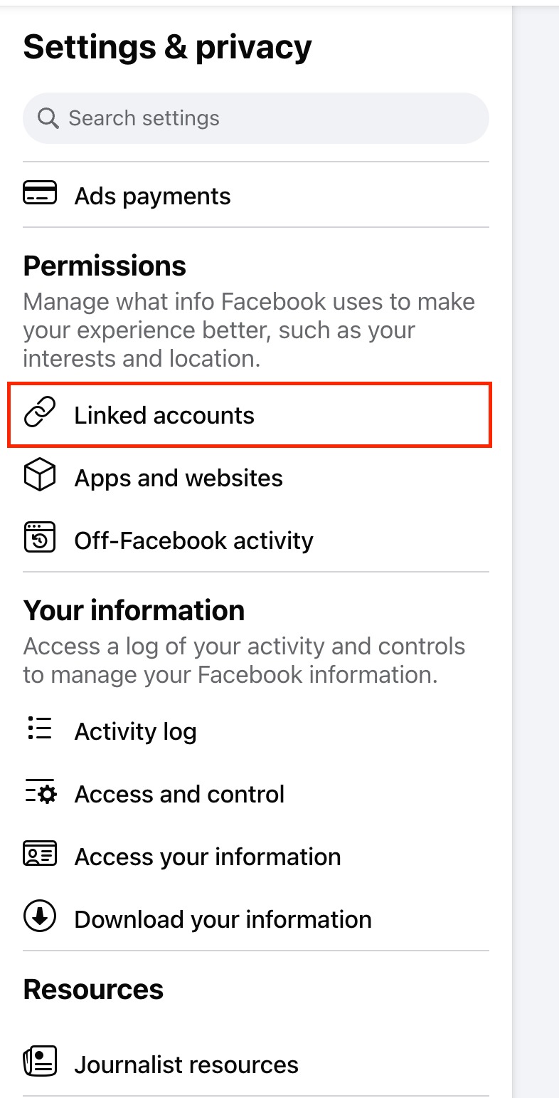 Sezione Account collegati nelle impostazioni della pagina Facebook