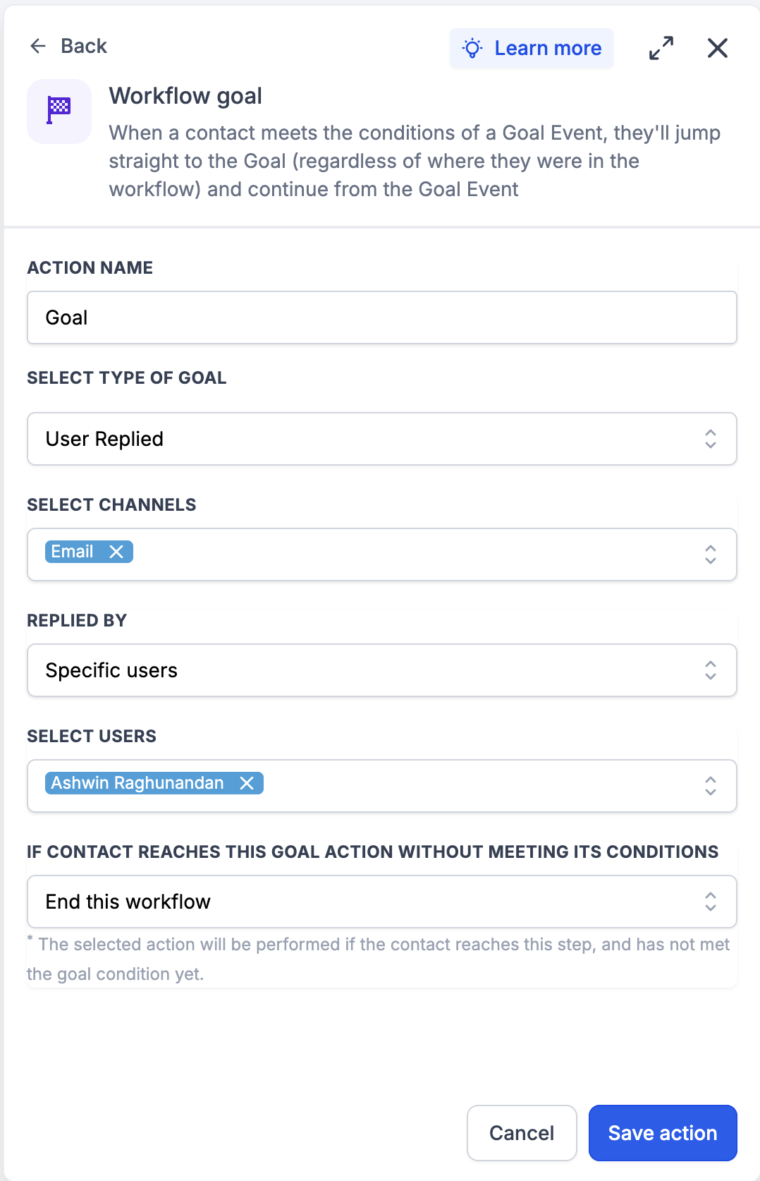 Dettaglio dell'impostazione 'Risposta utente' all'interno dell'azione Obiettivo nei workflow.