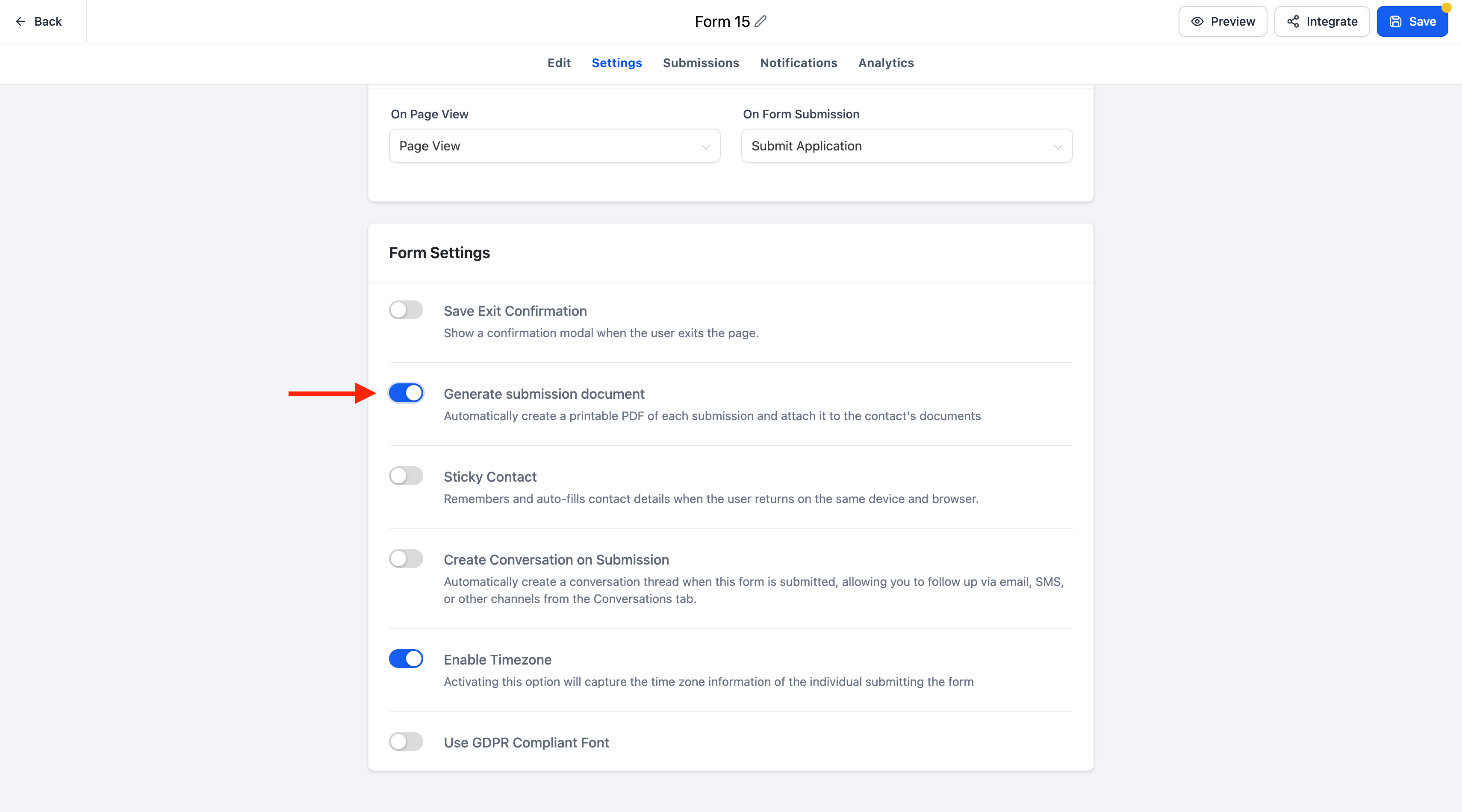 Schermata delle impostazioni di un modulo in Futuria CRM con l'opzione 'Genera documento di invio' attivata.