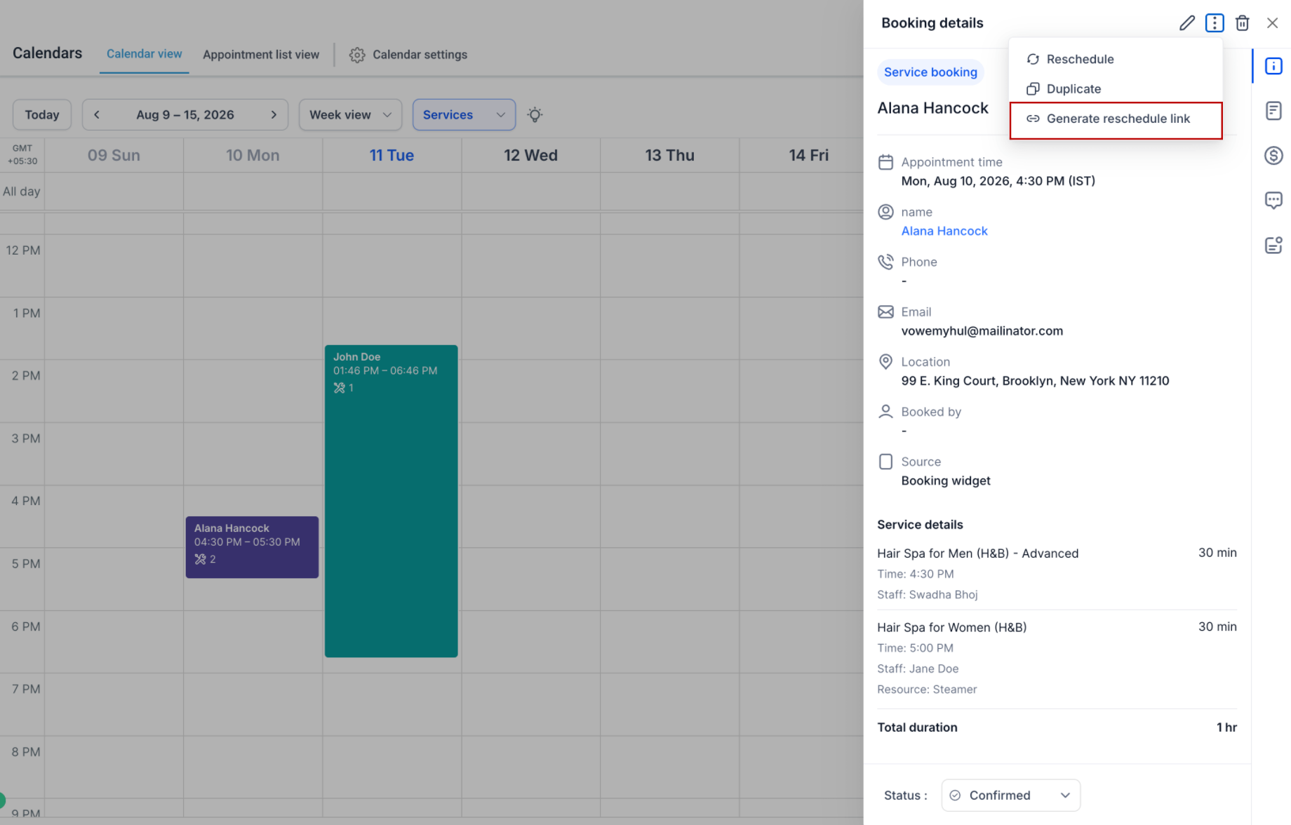 Menu delle azioni di un appuntamento in Futuria CRM con l'opzione per generare un link di riprogrammazione.