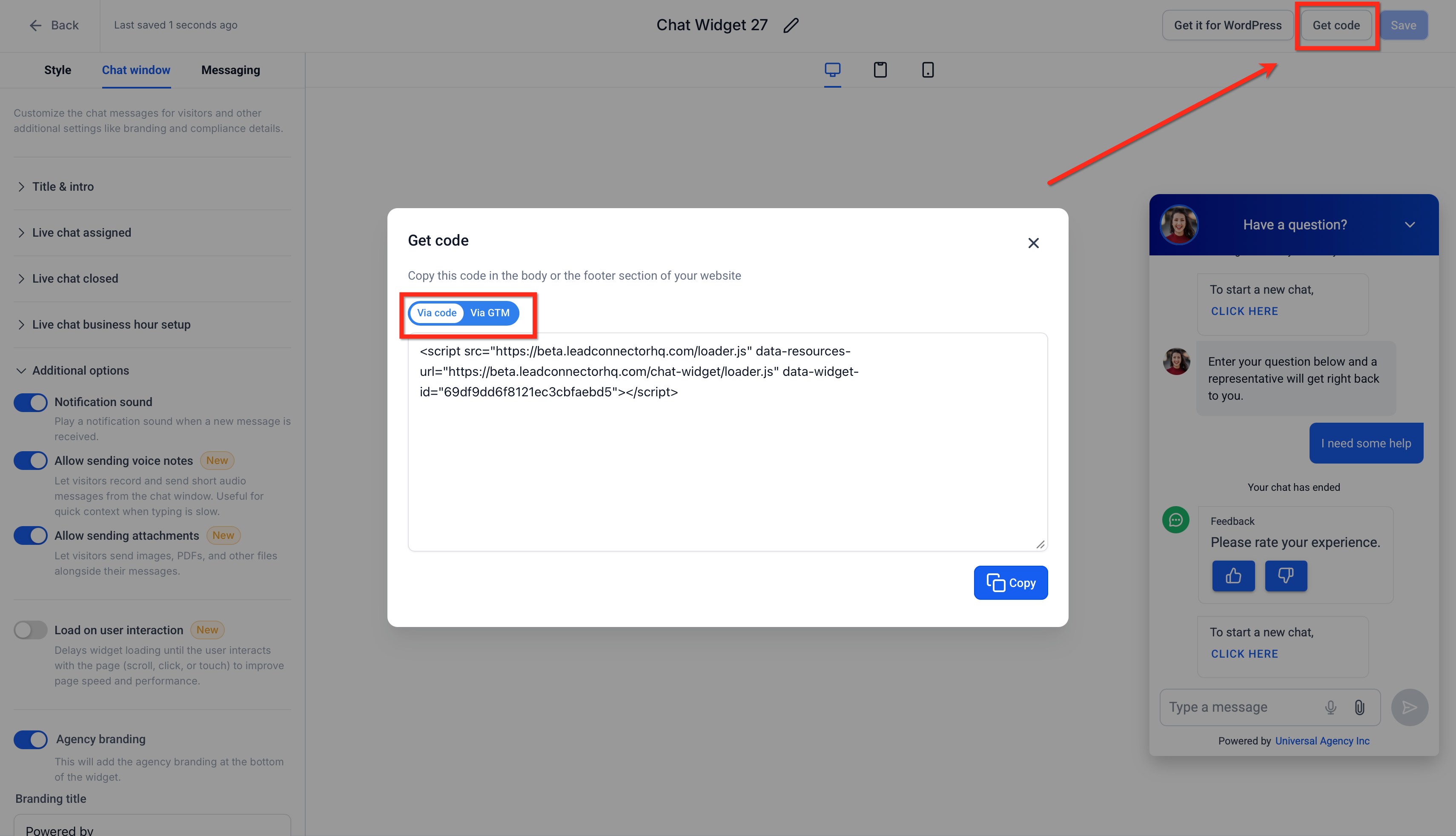 Codice di incorporamento del widget di chat di Futuria CRM.