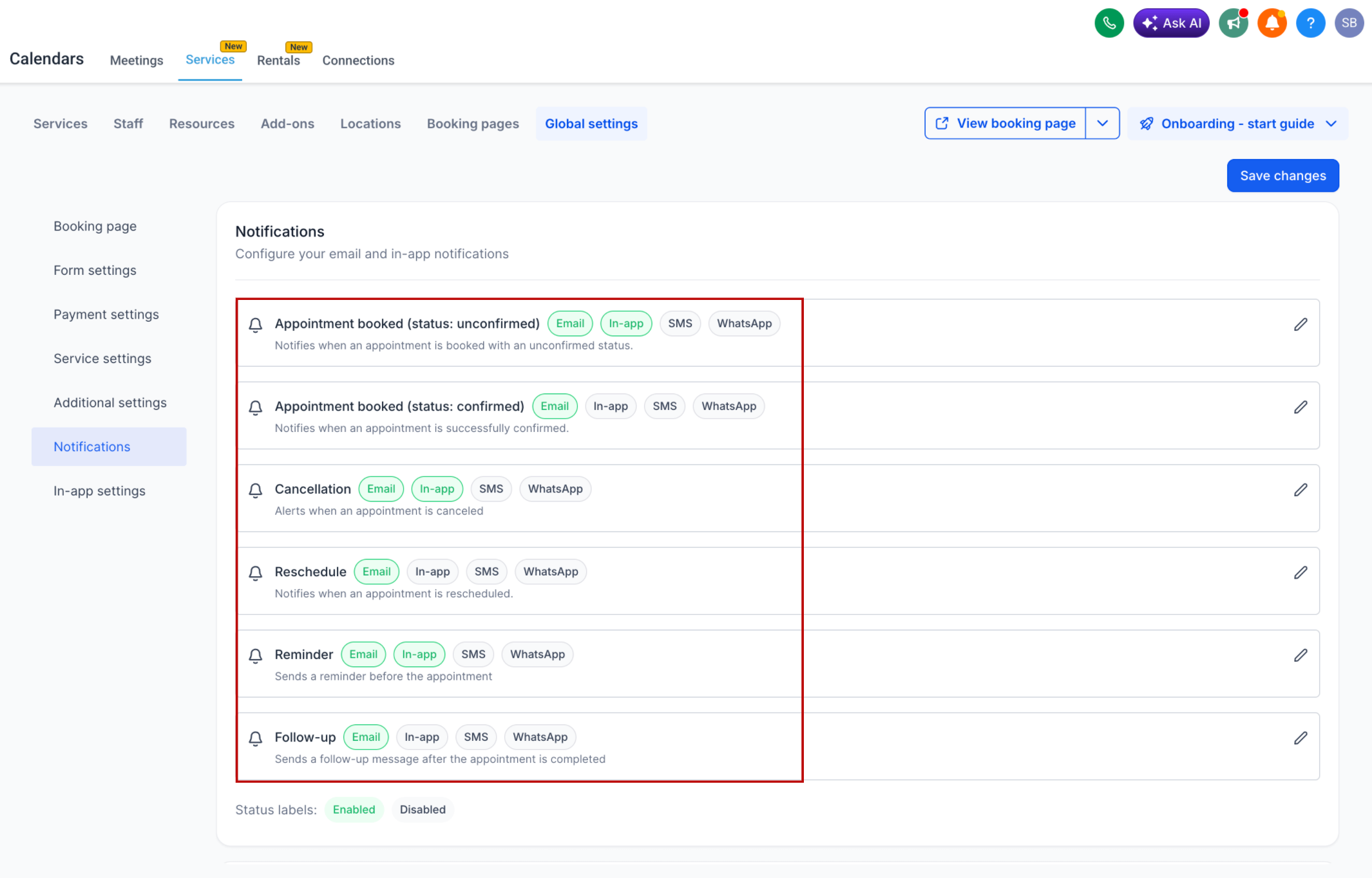 Esempio del nuovo layout a schede per le categorie di servizi nella pagina di prenotazione di Futuria CRM.