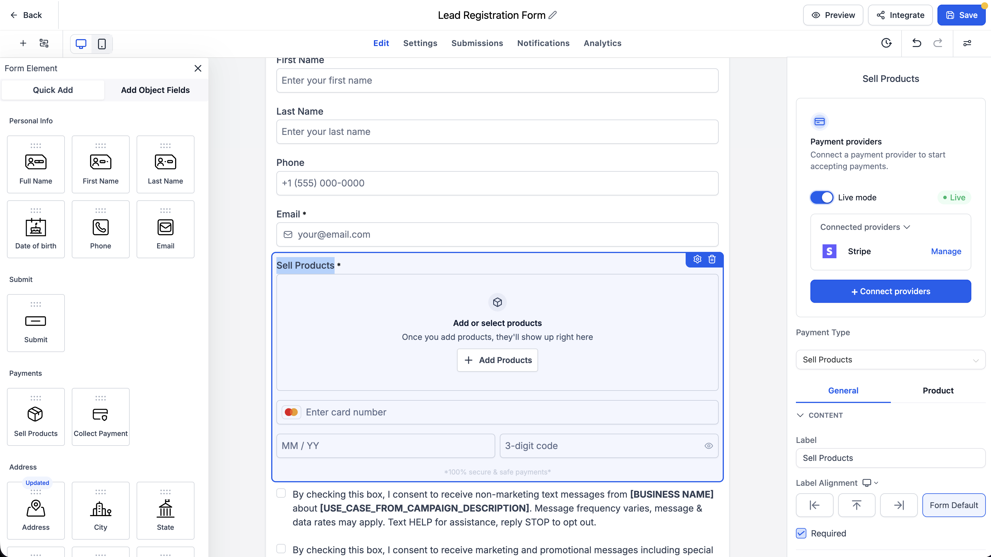 Selezione dei prodotti e dei livelli di prezzo disponibili nell'elemento di vendita di Futuria CRM.