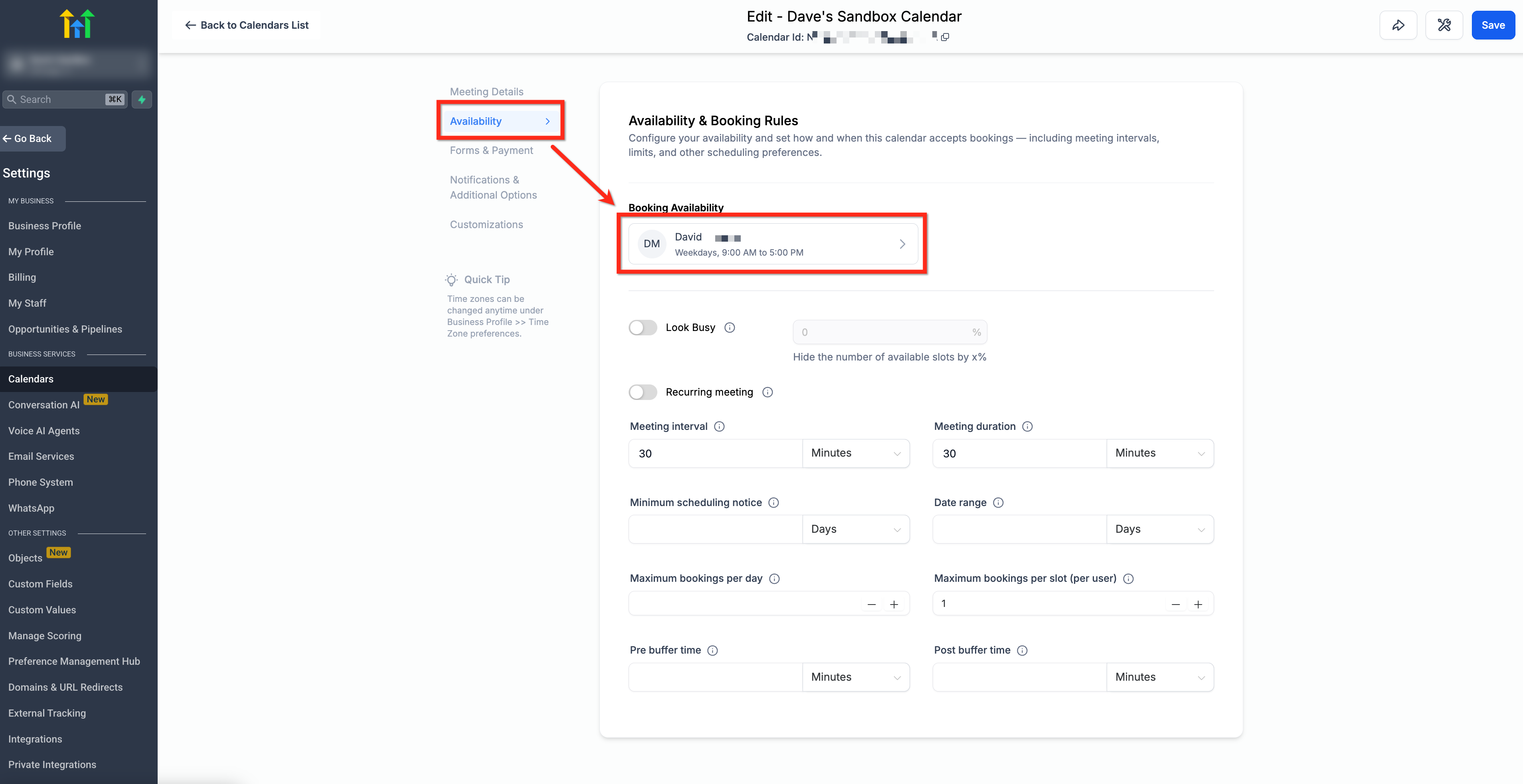 Sezione Disponibilità per la prenotazione con il nome dell'utente da selezionare.