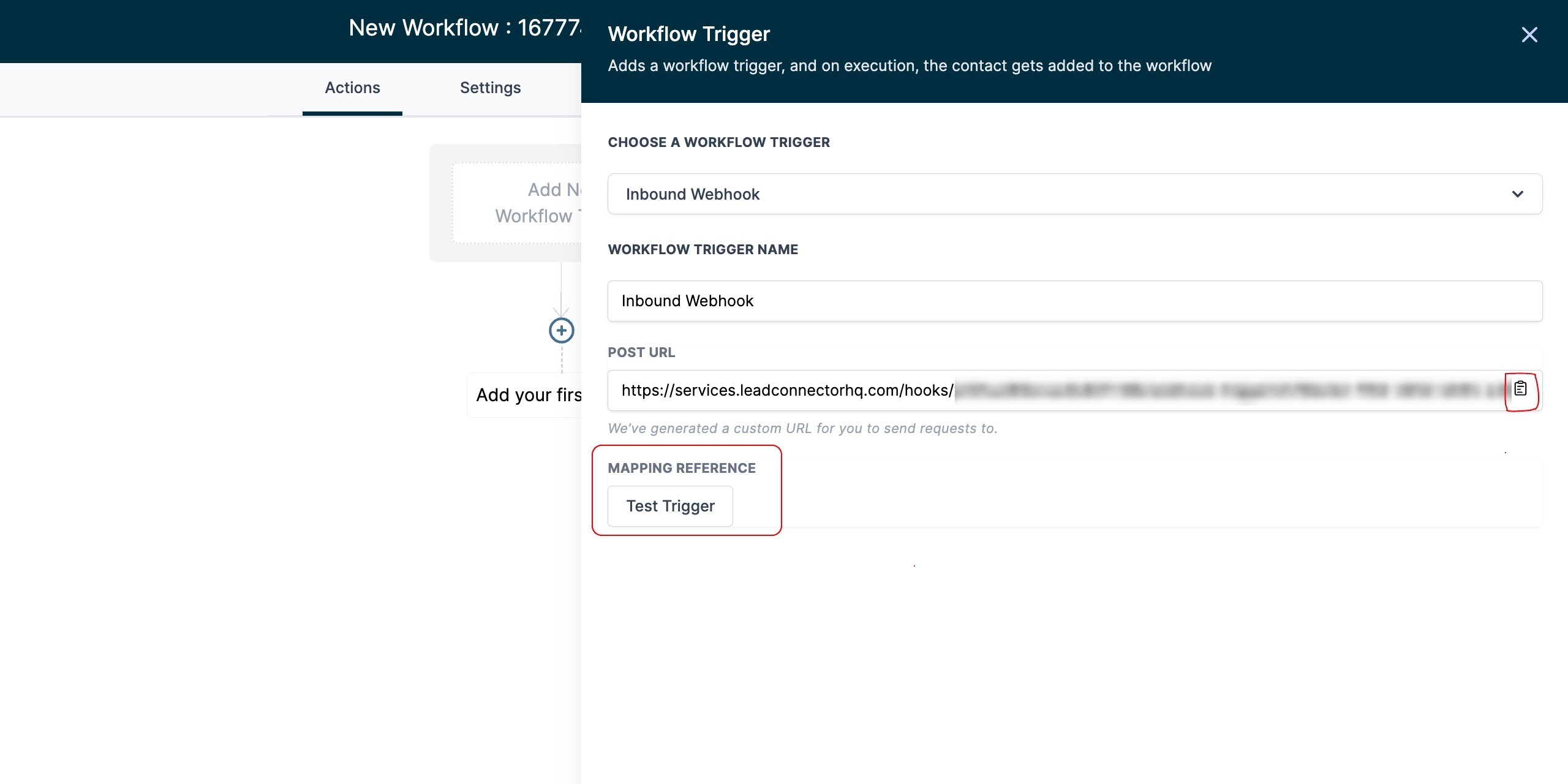Copia dell'URL del webhook e test del trigger in Futuria CRM.