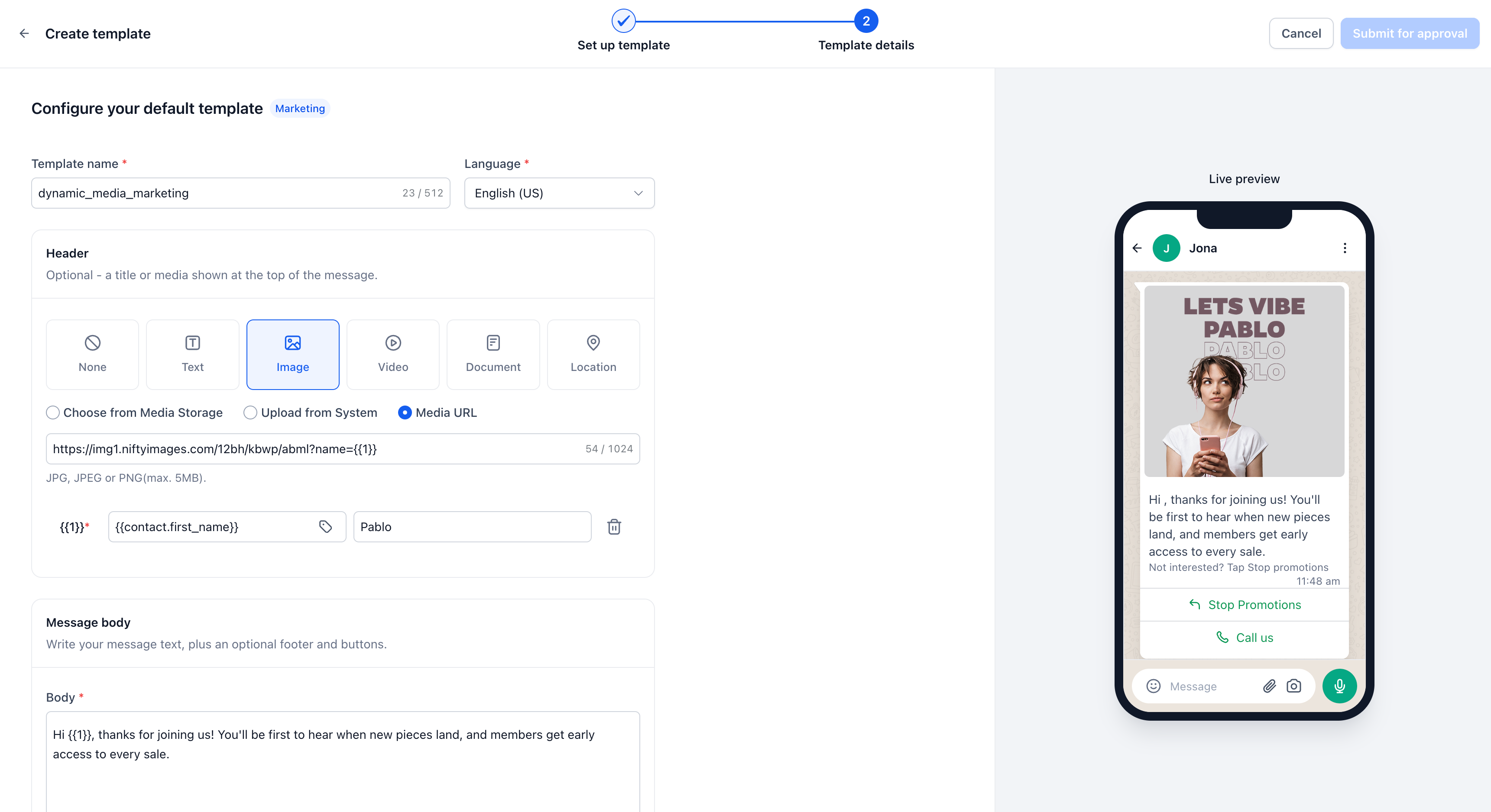 Esempio di immagine personalizzata inviata tramite un modello WhatsApp dinamico.