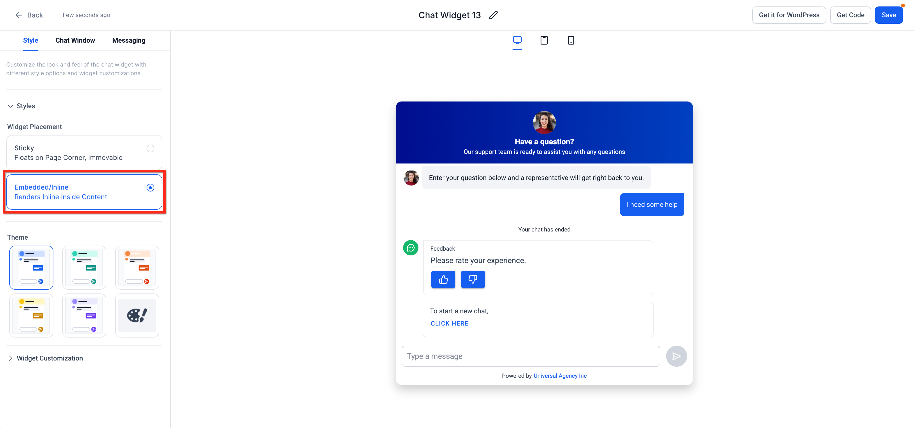 Impostazione del posizionamento del widget su Incorporato / In linea.