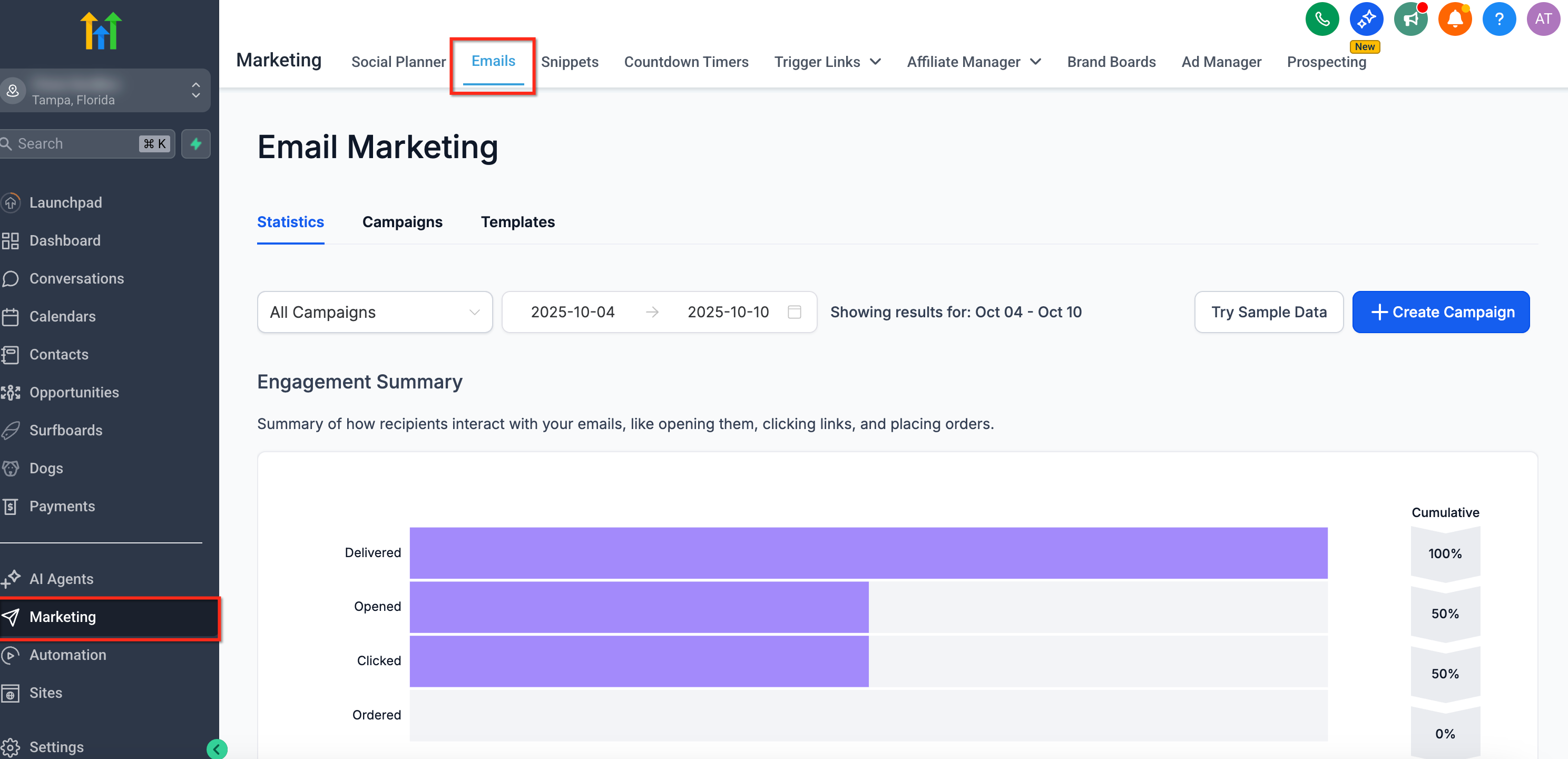 Schermata di Futuria CRM che mostra come accedere alla sezione Marketing e poi Email.