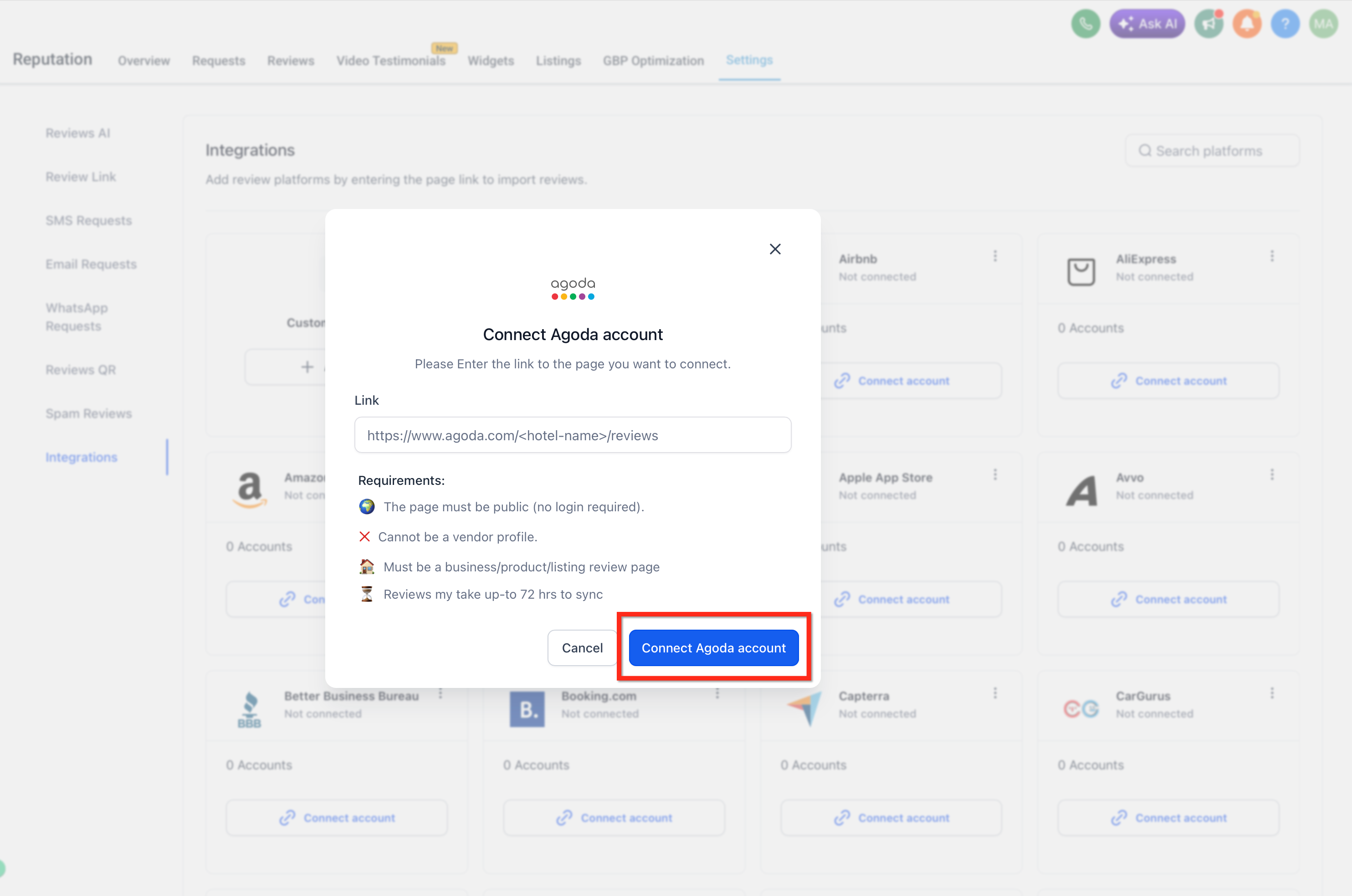 Esempio di modale per l'integrazione di una piattaforma di recensioni, con campo per l'URL della pagina.