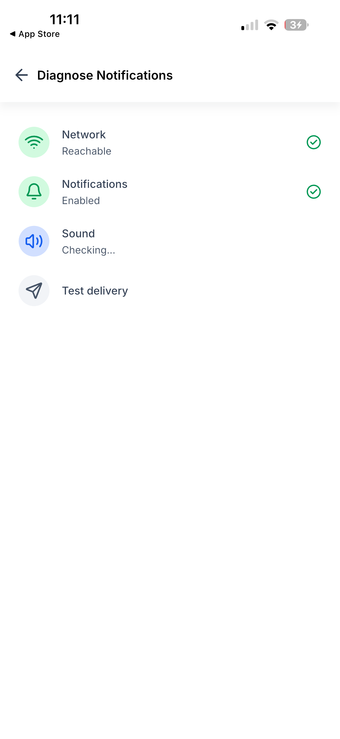 Risultati del test di diagnosi notifiche, con indicazione dei controlli superati e di quelli che richiedono attenzione.