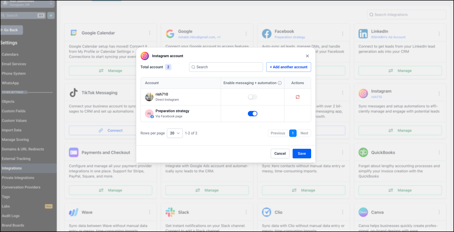 Elenco degli account Instagram collegati direttamente a Futuria CRM, con opzioni di gestione.