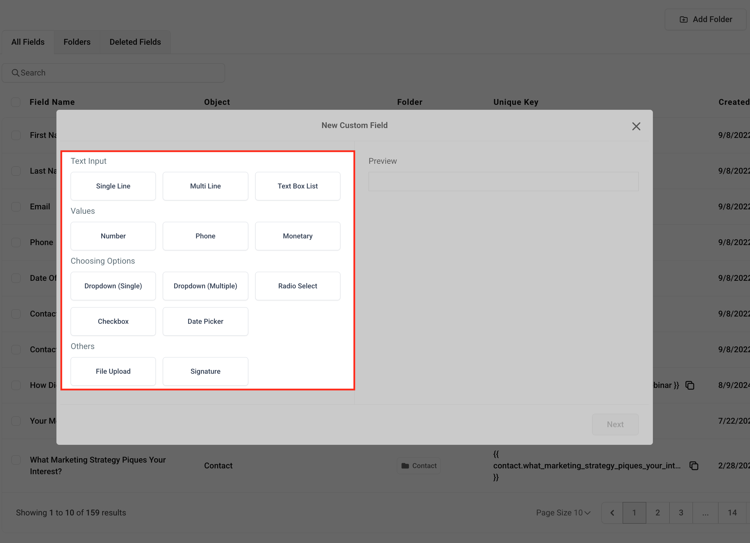 Elenco dei tipi di campo personalizzato disponibili per la creazione in Futuria CRM.