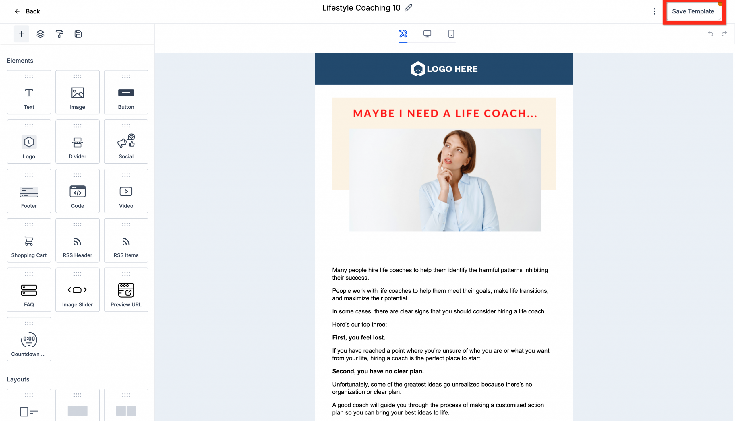 Editor di email con il pulsante 'Salva Template' in alto a destra.