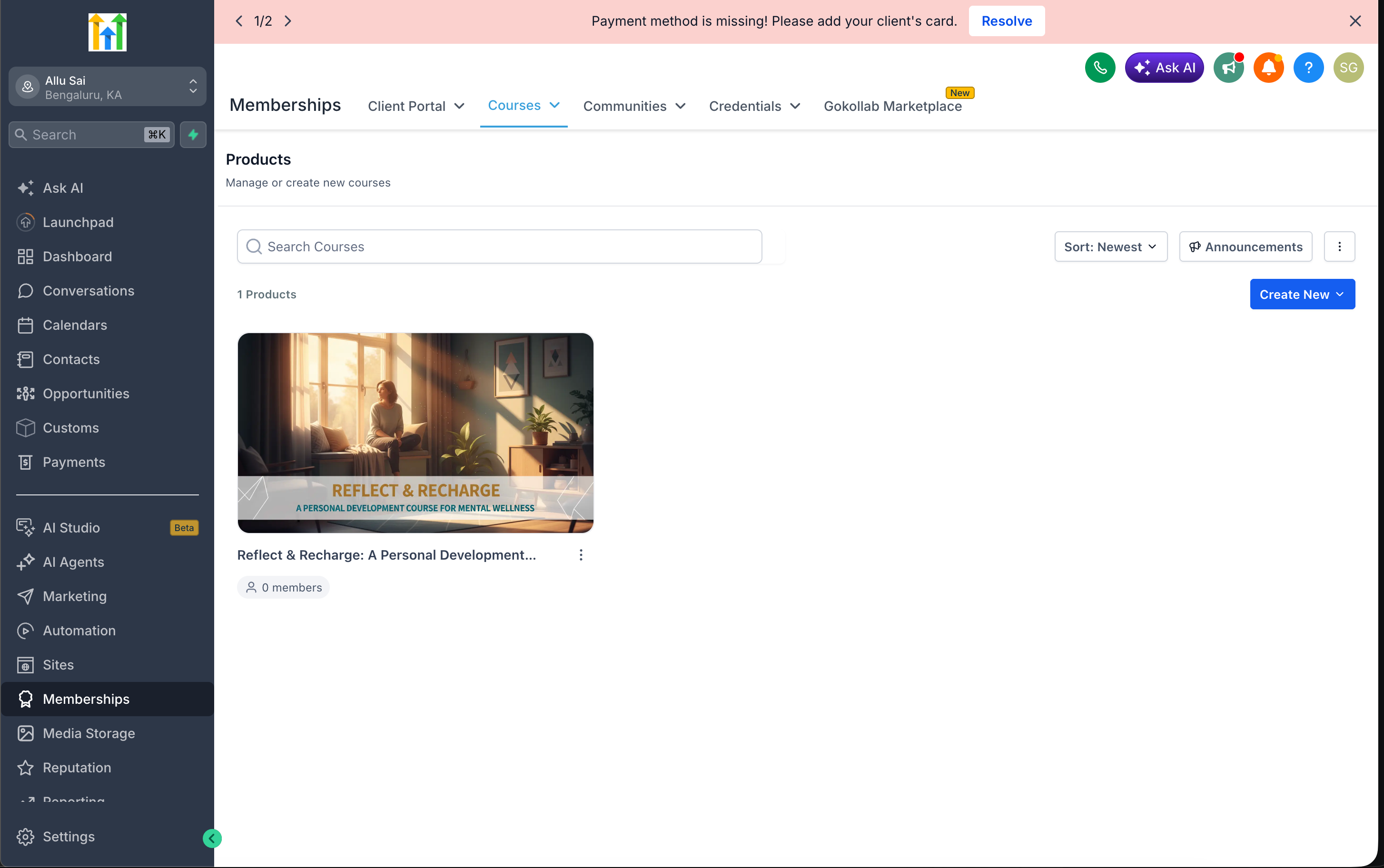 Navigazione alla sezione Annunci nel menu Corsi di Futuria CRM.