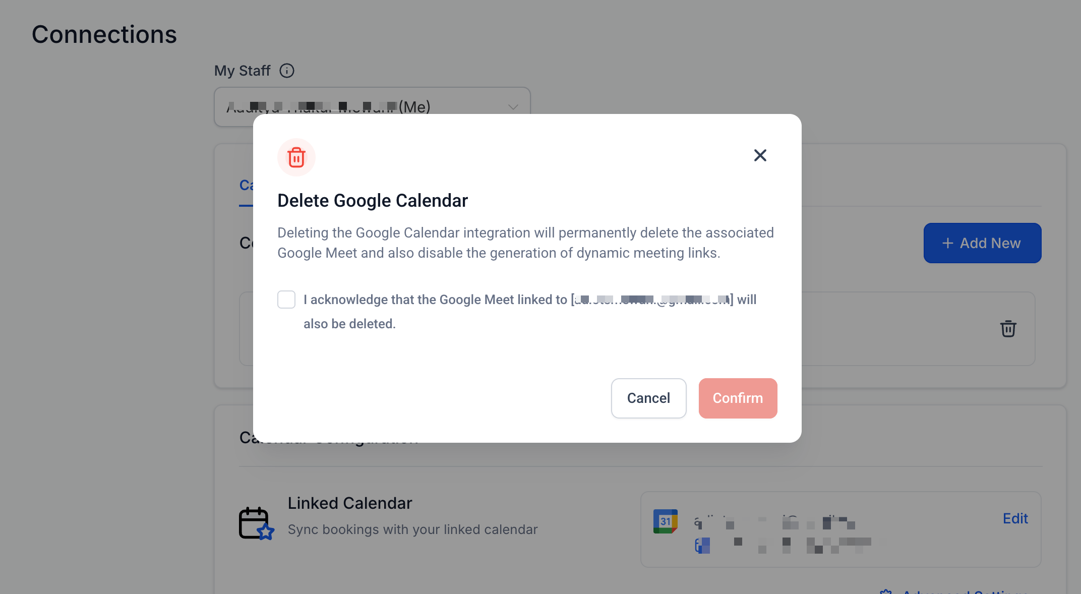 Pop-up di conferma per l'eliminazione della connessione al calendario in Futuria CRM.