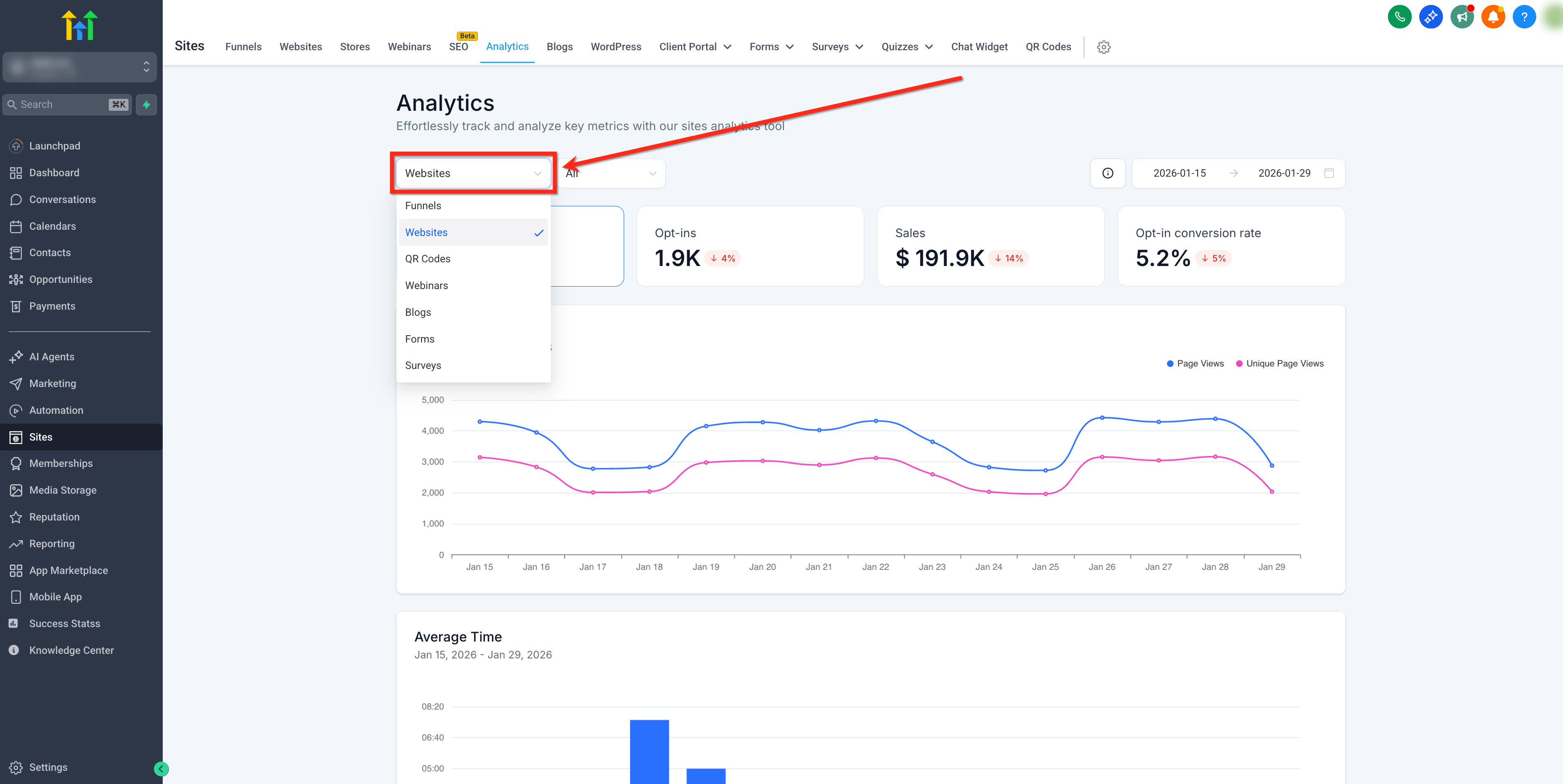 Selezione del tipo di risorsa nella dashboard di analisi di Futuria CRM.