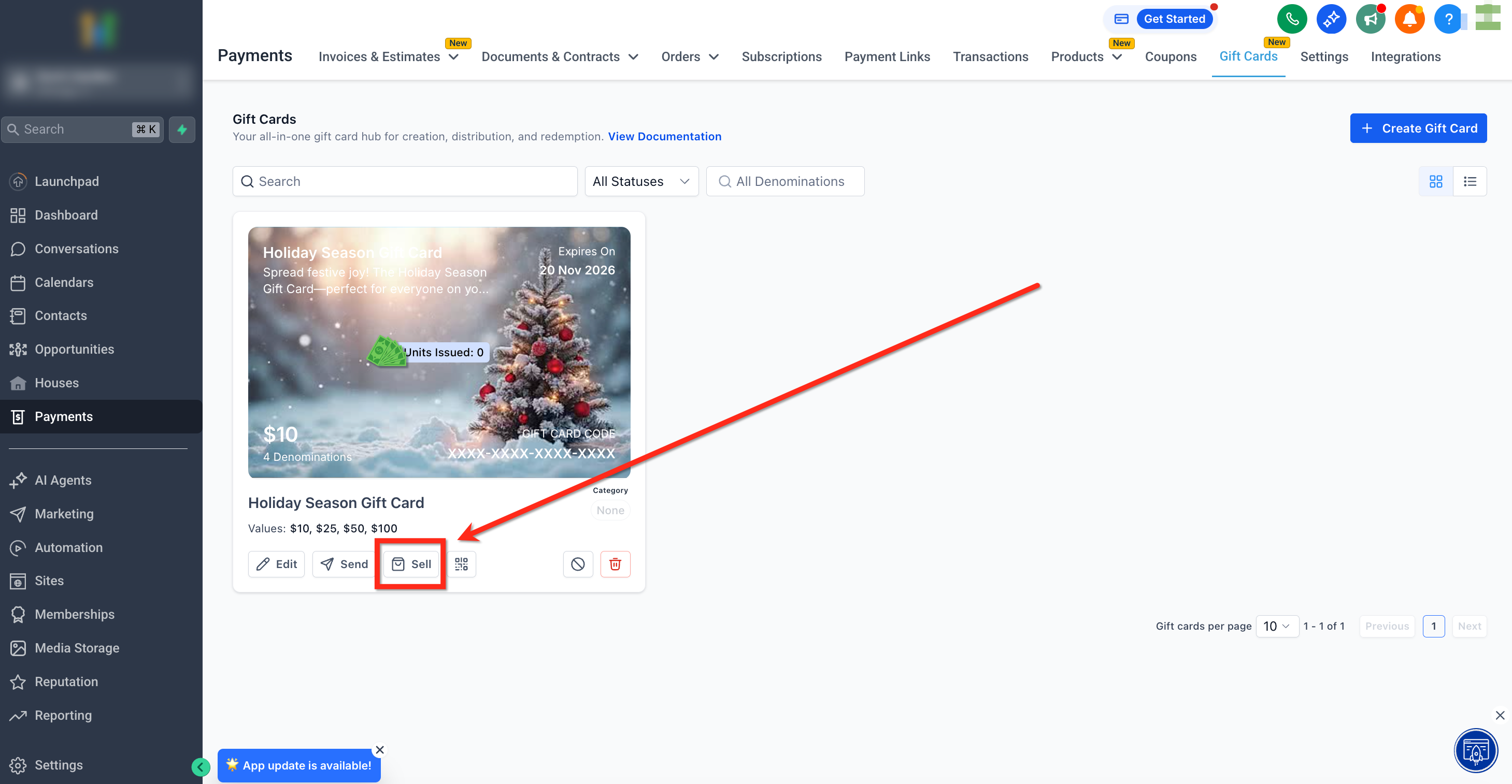 Pulsante 'Vendi' su una gift card specifica nella dashboard.