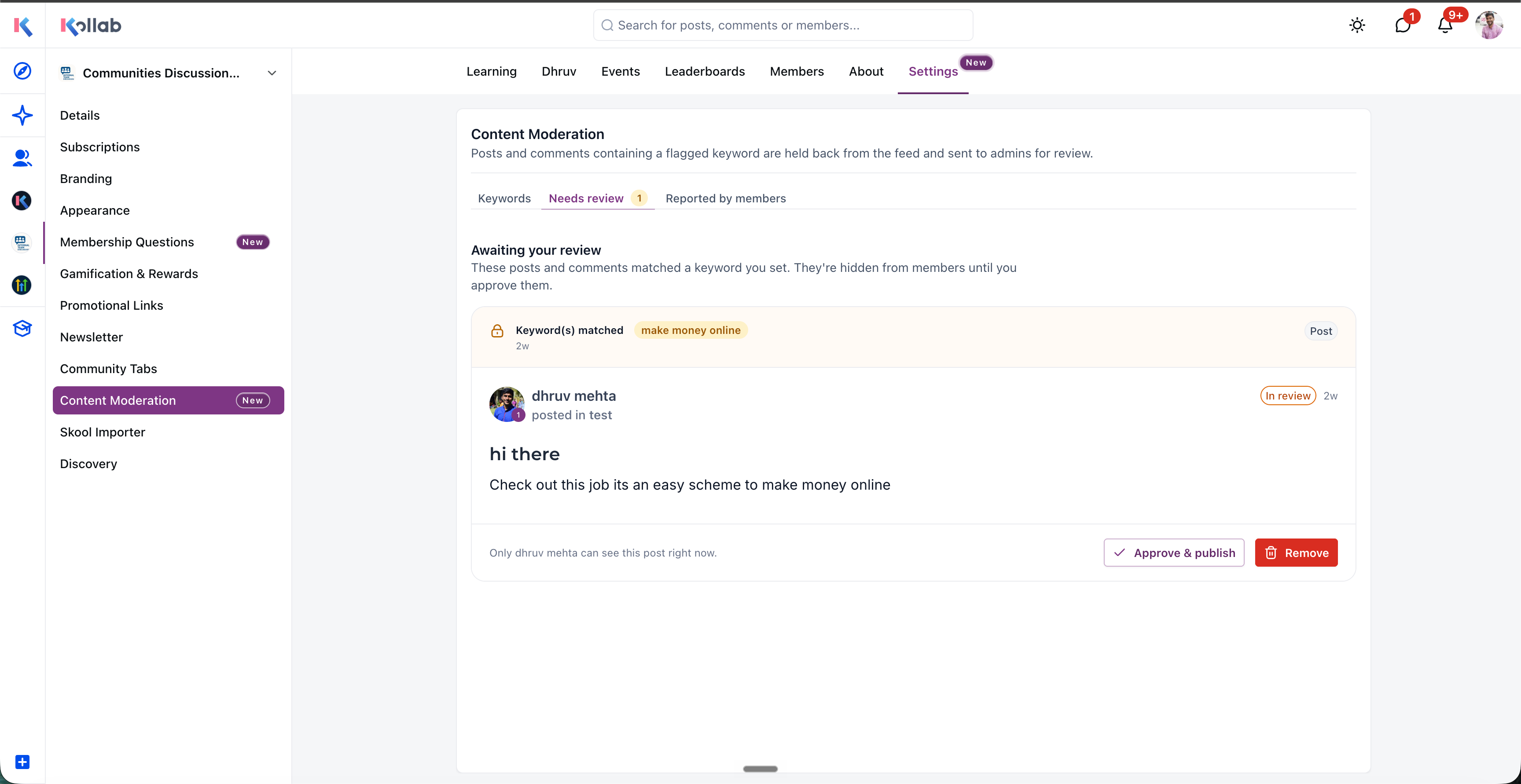 Schermata di revisione di un post segnalato nella community di Futuria CRM, con le opzioni per approvare o rimuovere.