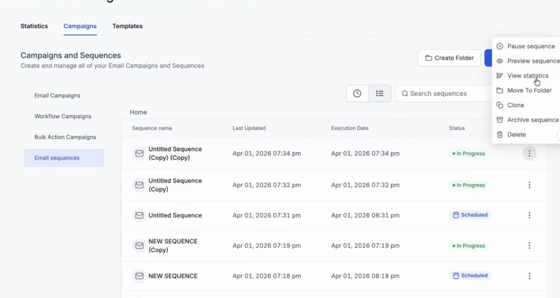 Menu a tre puntini per accedere alle statistiche di una sequenza email.