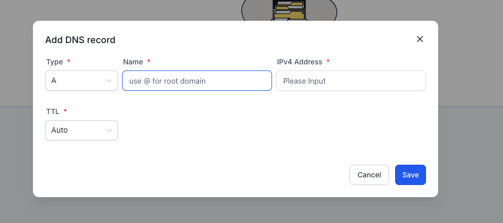 Interfaccia per l'aggiunta di un nuovo record DNS in Futuria CRM.