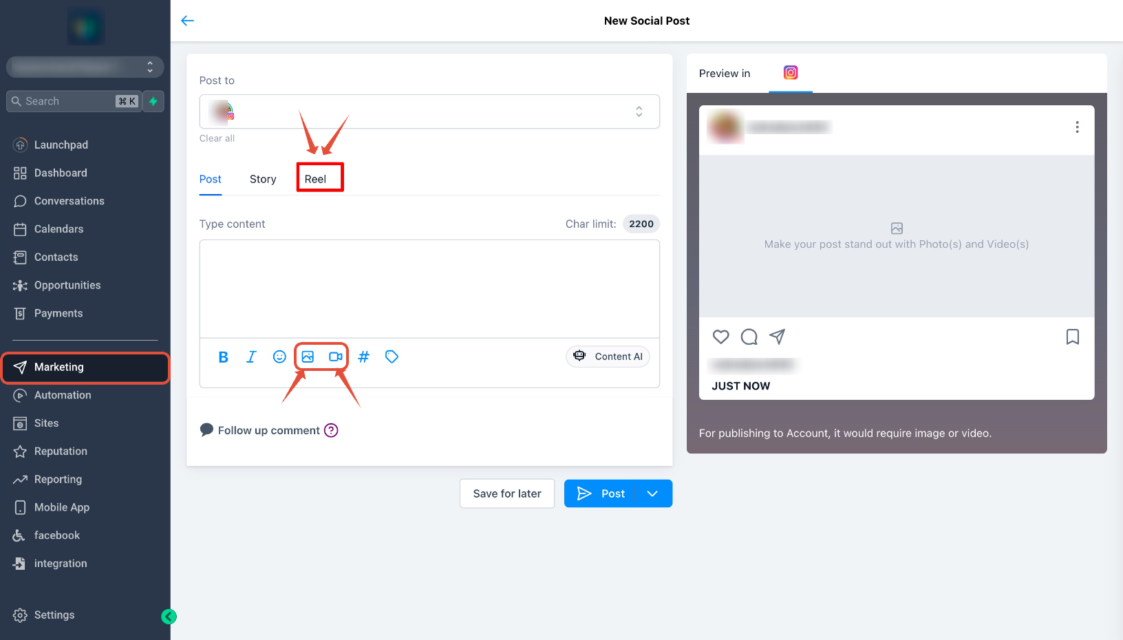 Creazione di un nuovo post nel Social Planner di Futuria CRM