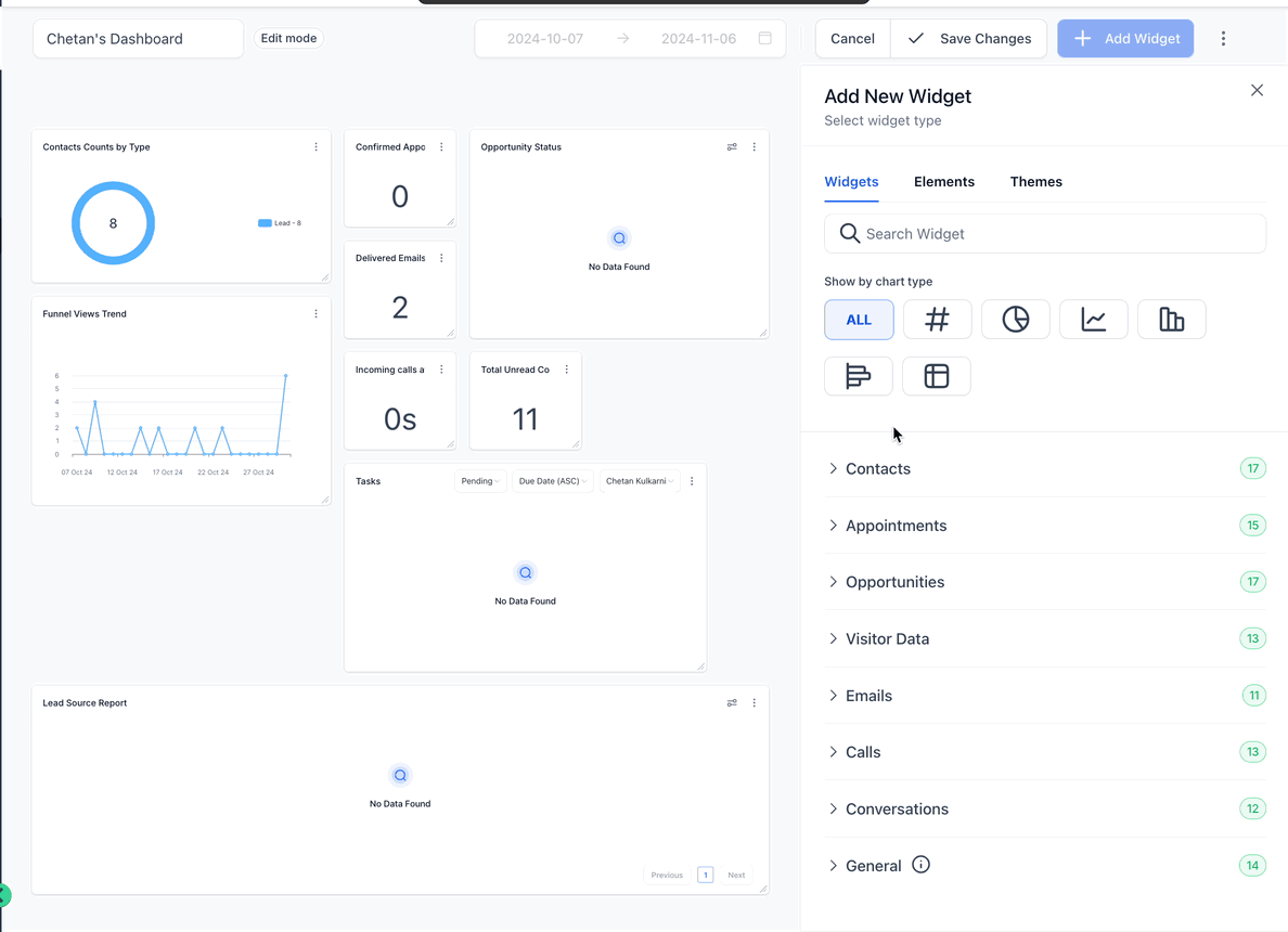 Animazione che mostra come aggiungere un nuovo widget alla dashboard di Futuria CRM.