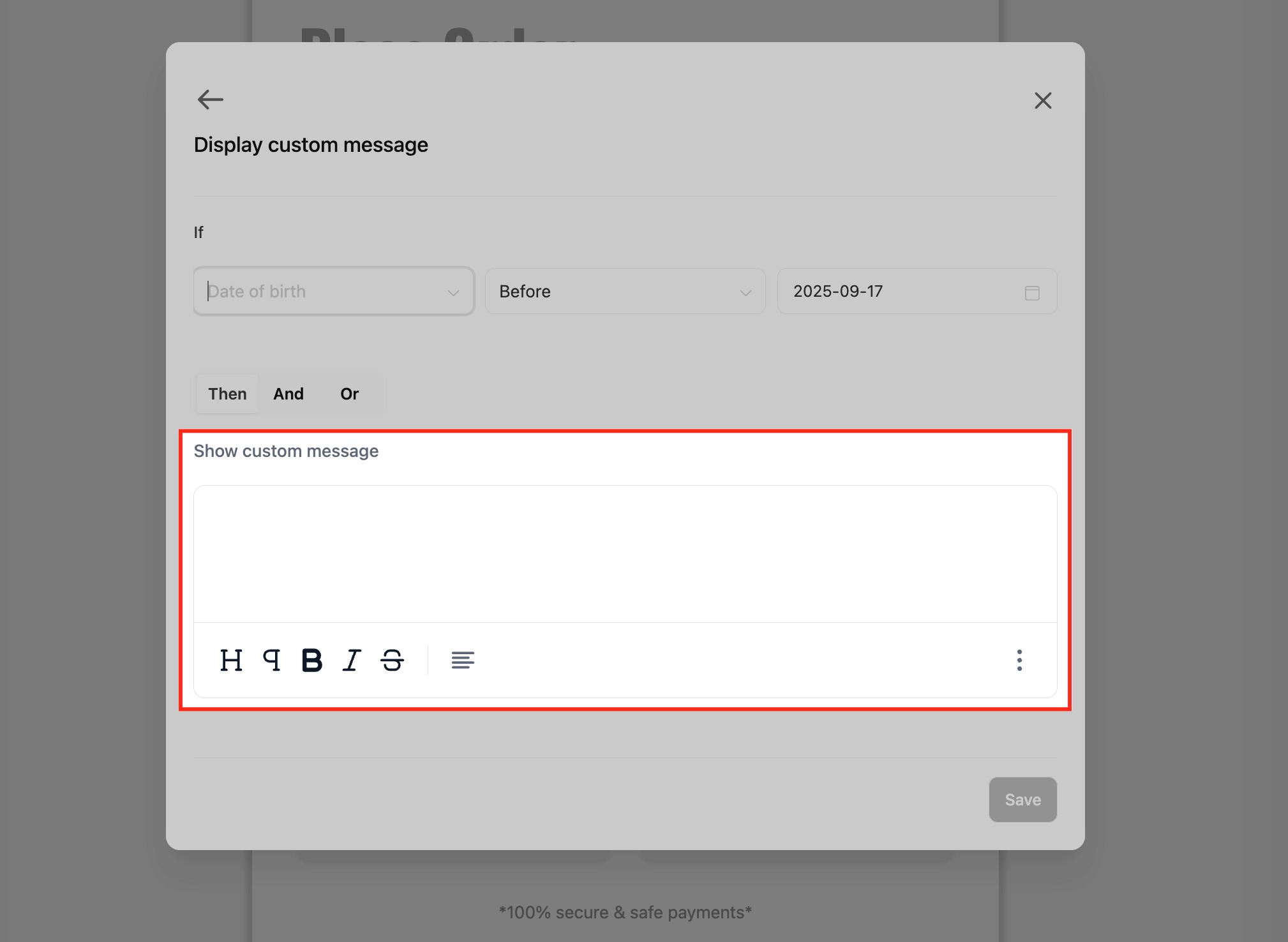 Impostazione di un'azione per visualizzare un messaggio personalizzato.