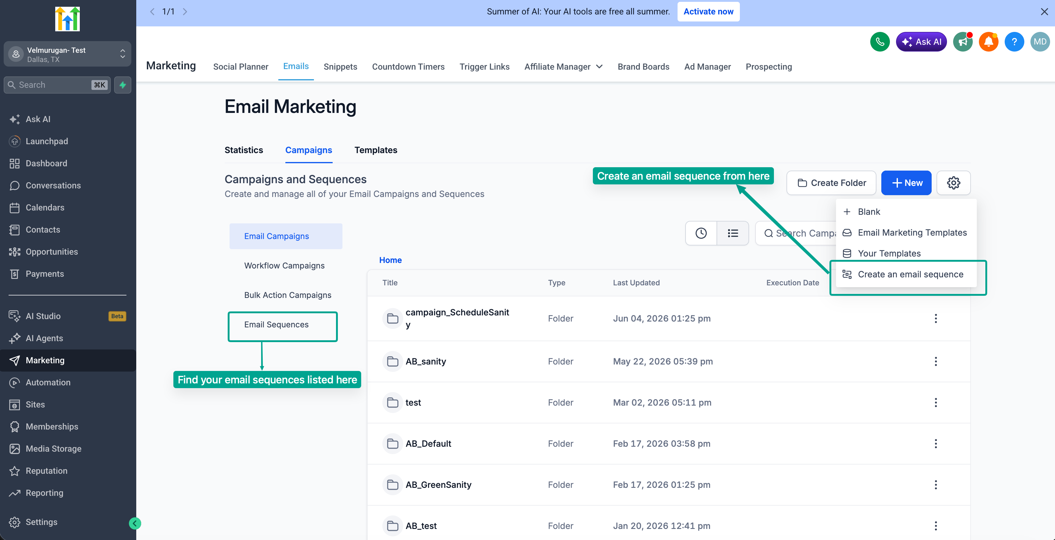 Pulsante 'Crea Nuova Sequenza' nella sezione Campagne di Futuria CRM.