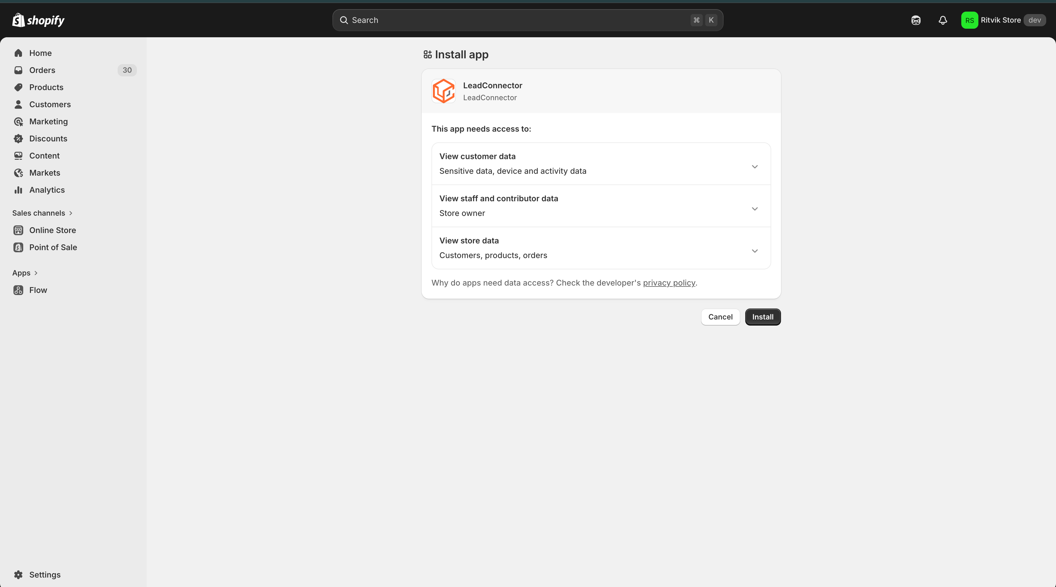 Schermata di connessione dell'integrazione Shopify in Futuria CRM