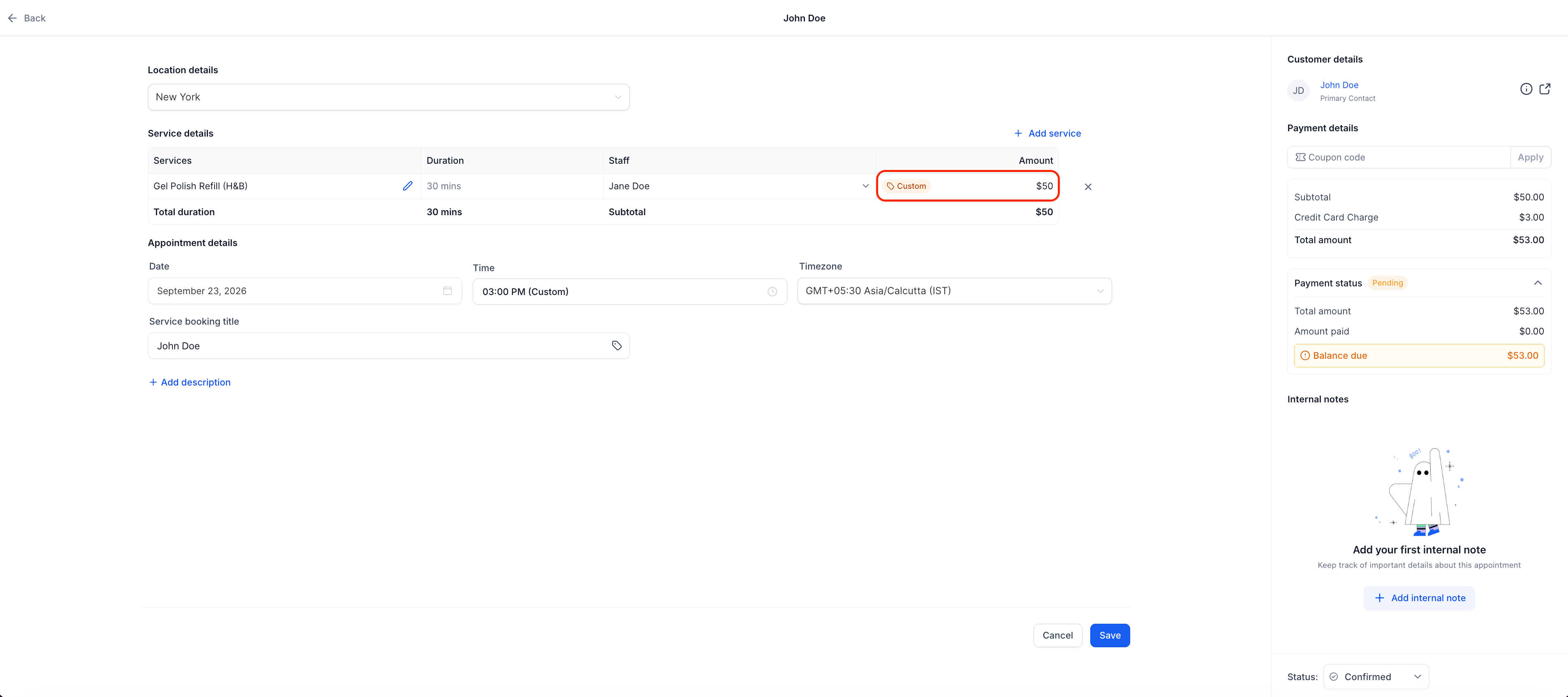 Riepilogo di un appuntamento con un prezzo di servizio personalizzato su Futuria CRM.