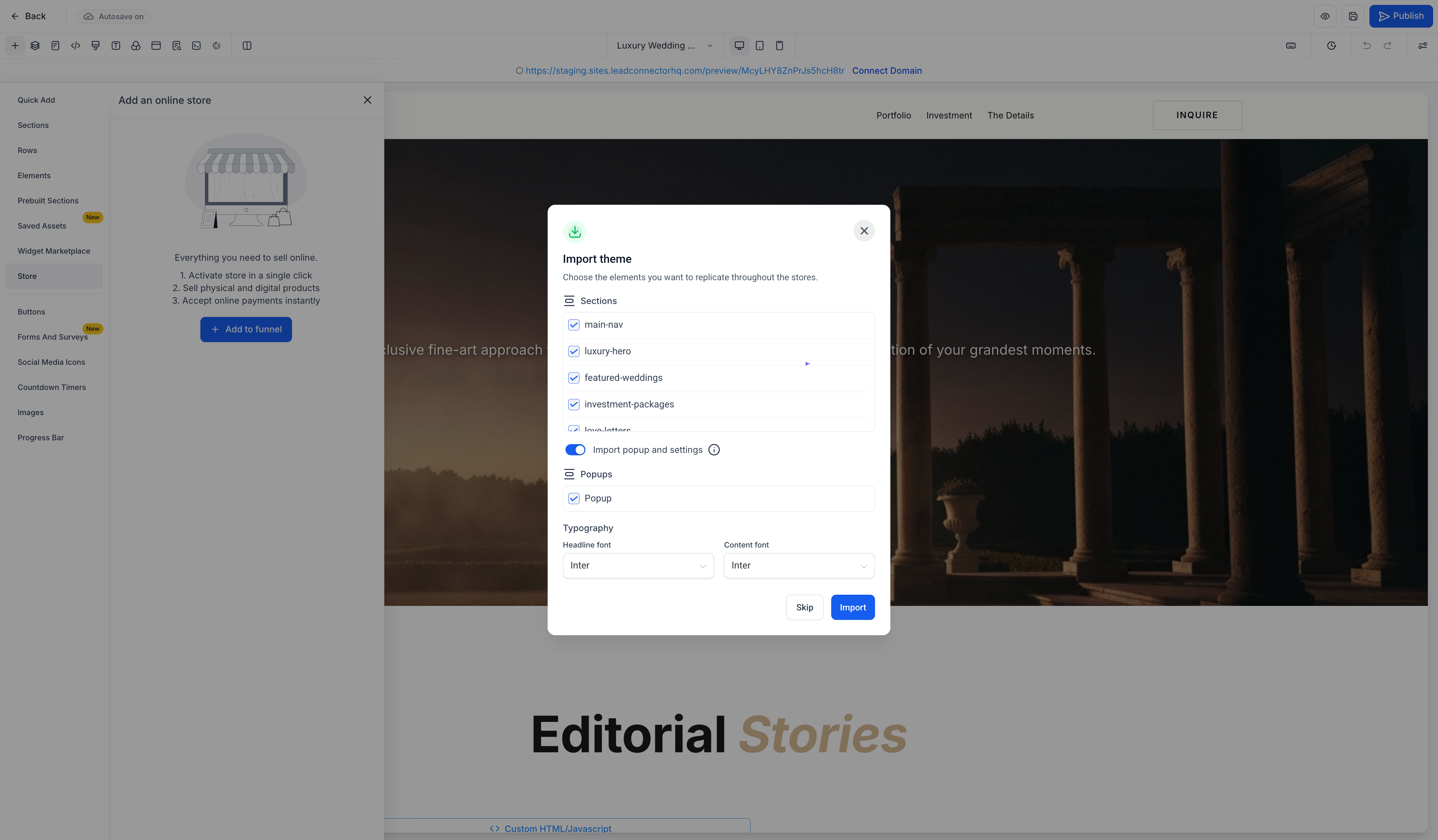 Popup per la selezione di un negozio e-commerce da aggiungere al funnel.
