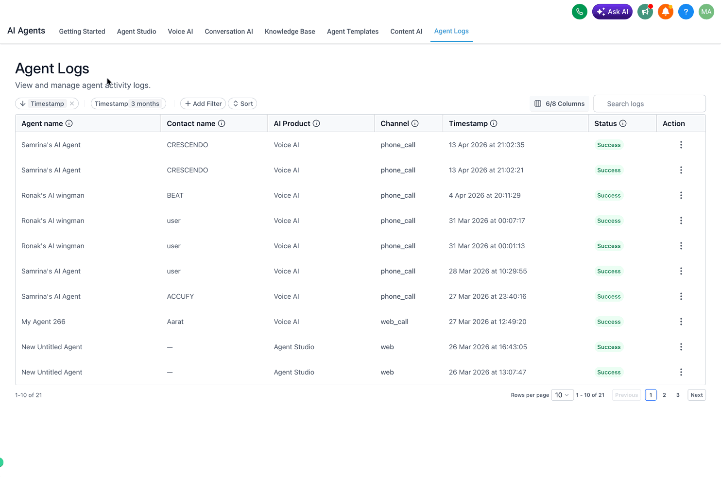 Panoramica dell'attività globale nei Log Agenti di Futuria CRM.