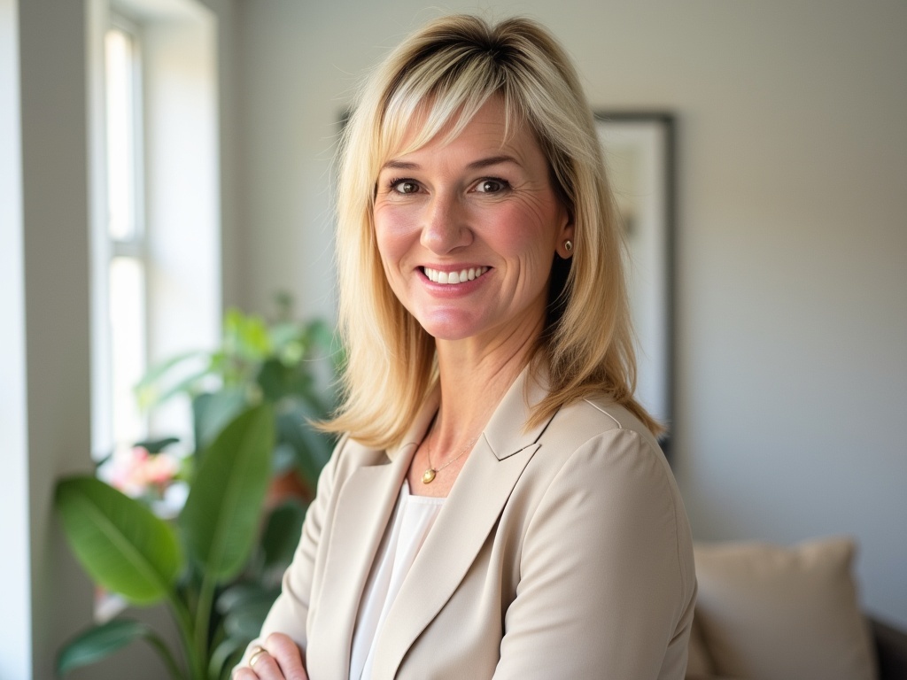 Portrait of Dena, the author, seated by a window in soft natural light