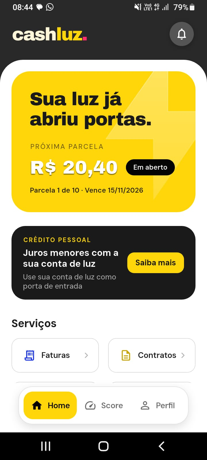 Tela do aplicativo Cashluz com o contrato e as parcelas