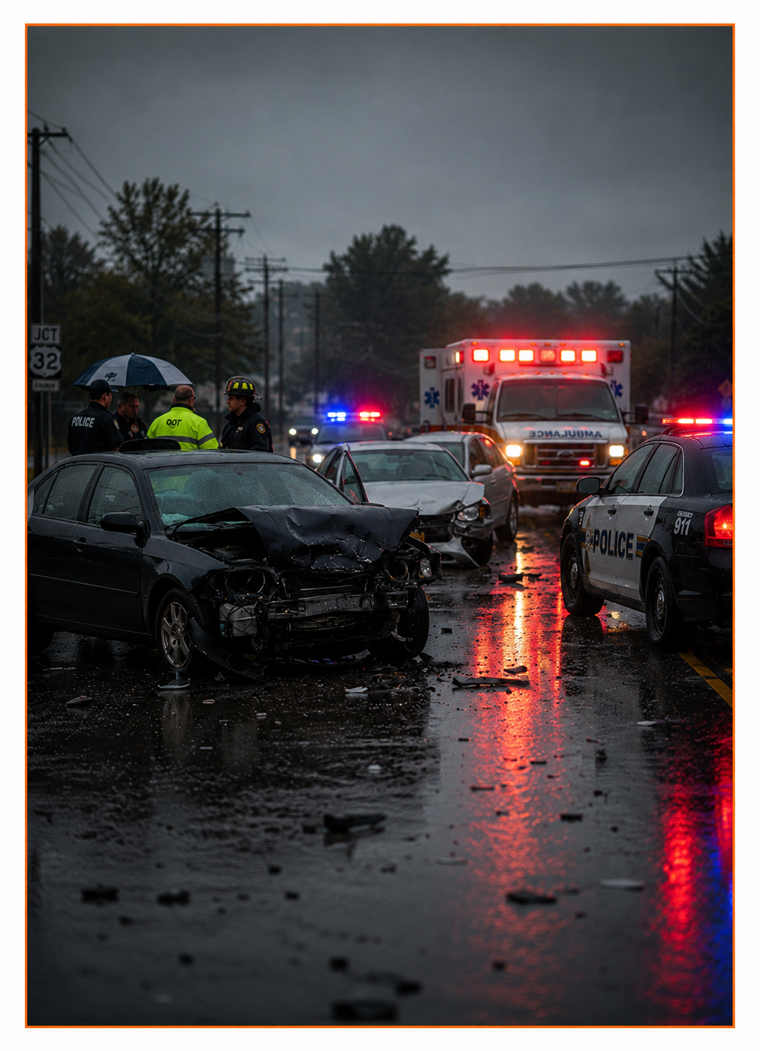 Multiple car serious accident on a rainy day in St Louis, MO