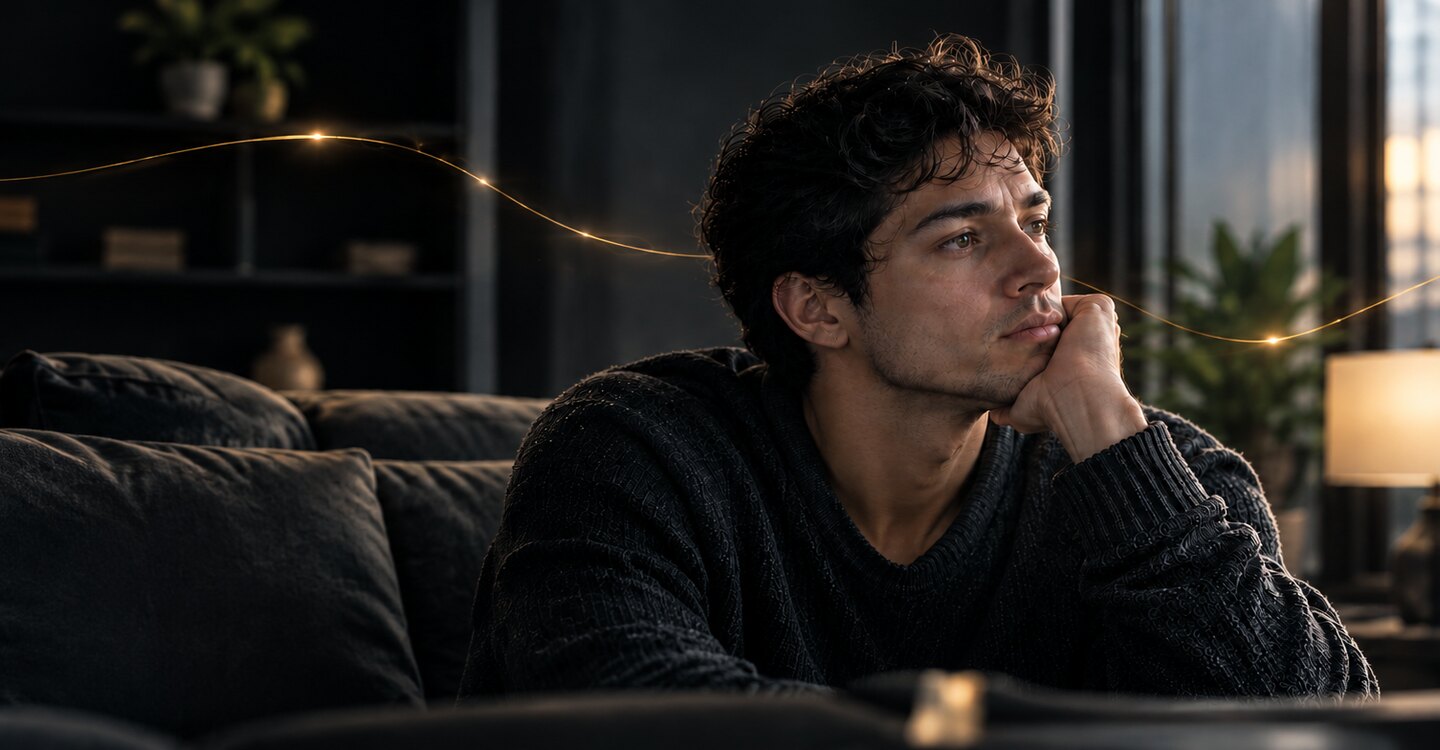 A young man sitting thoughtfully in a softly lit room