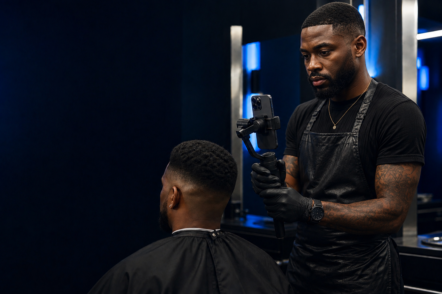 Barber filming a finished haircut