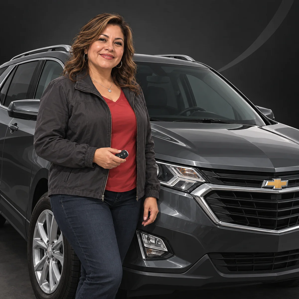 A smiling woman holding car keys beside a gray SUV