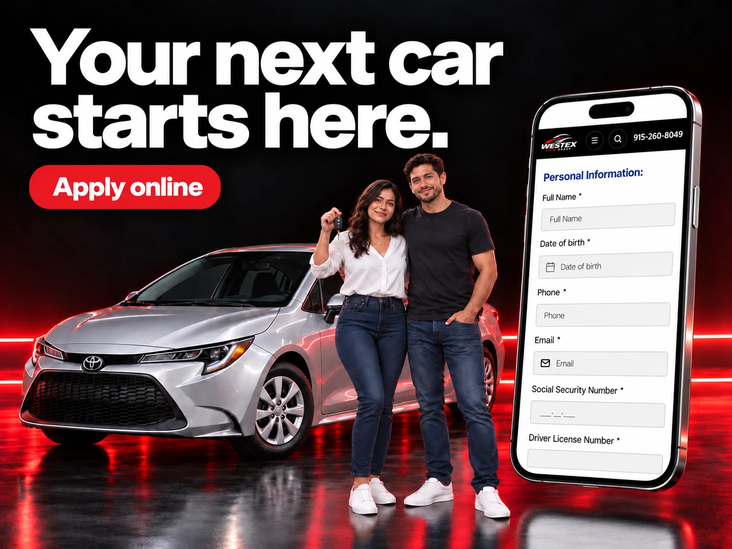 “Your next car starts here. Apply online.” A smiling couple with car keys beside a silver sedan, and a phone showing the Westex Auto Group credit application.